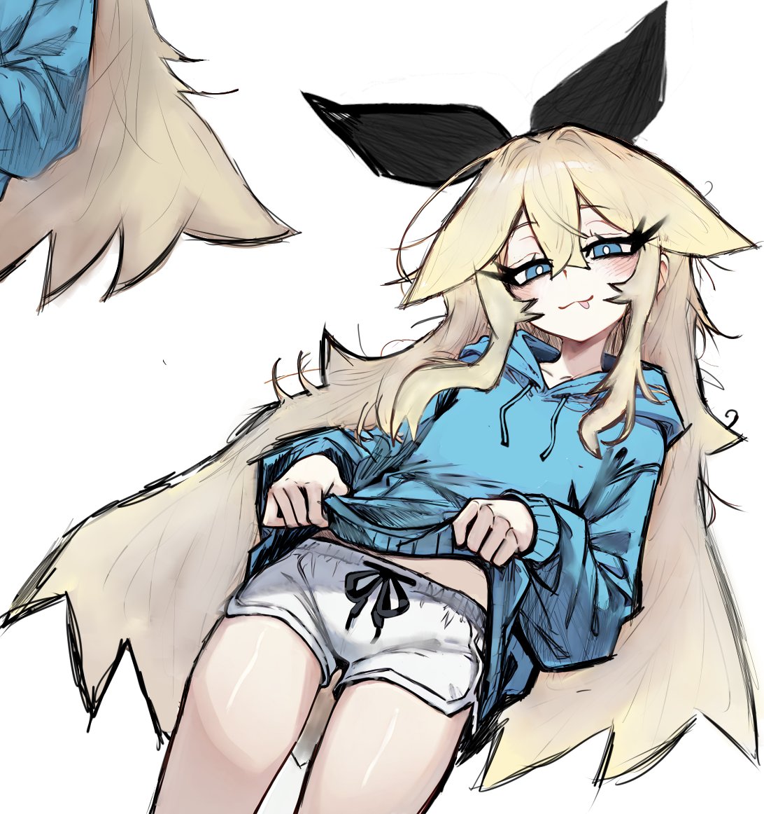 original, 1girl, alice grimm, baggy clothes, black bow, blonde hair, blue eyes, blue hoodie, bow, clothes lift, flat chest, hood, hoodie, messy hair, midriff peek, pale skin, shirt lift, shorts, thighs, tongue, tongue out, white shorts