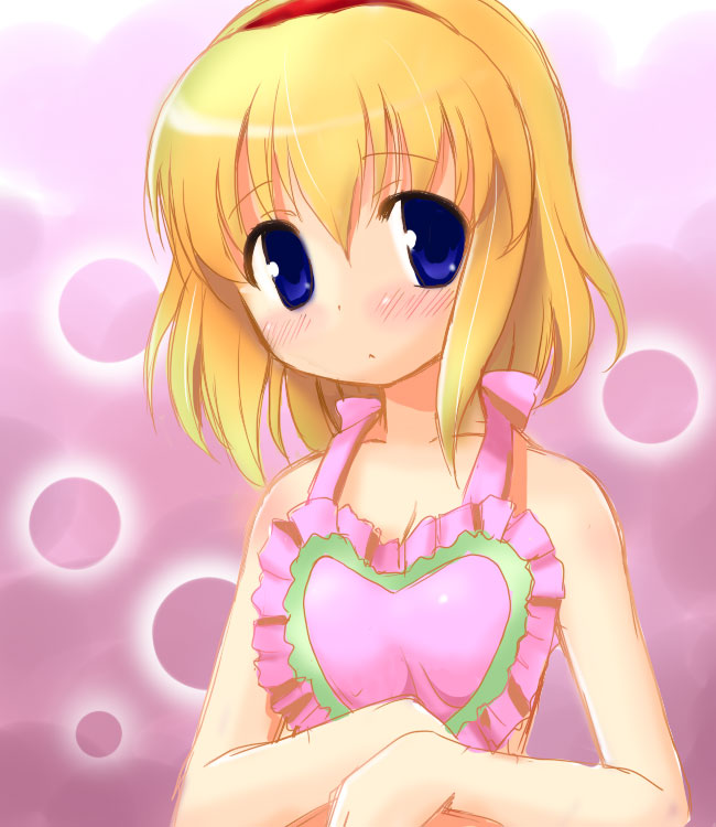 tilm, alice margatroid, touhou, 1girl, apron, blonde hair, blue eyes, blush, female focus, gradient background, naked apron, short hair, solo, upper body
