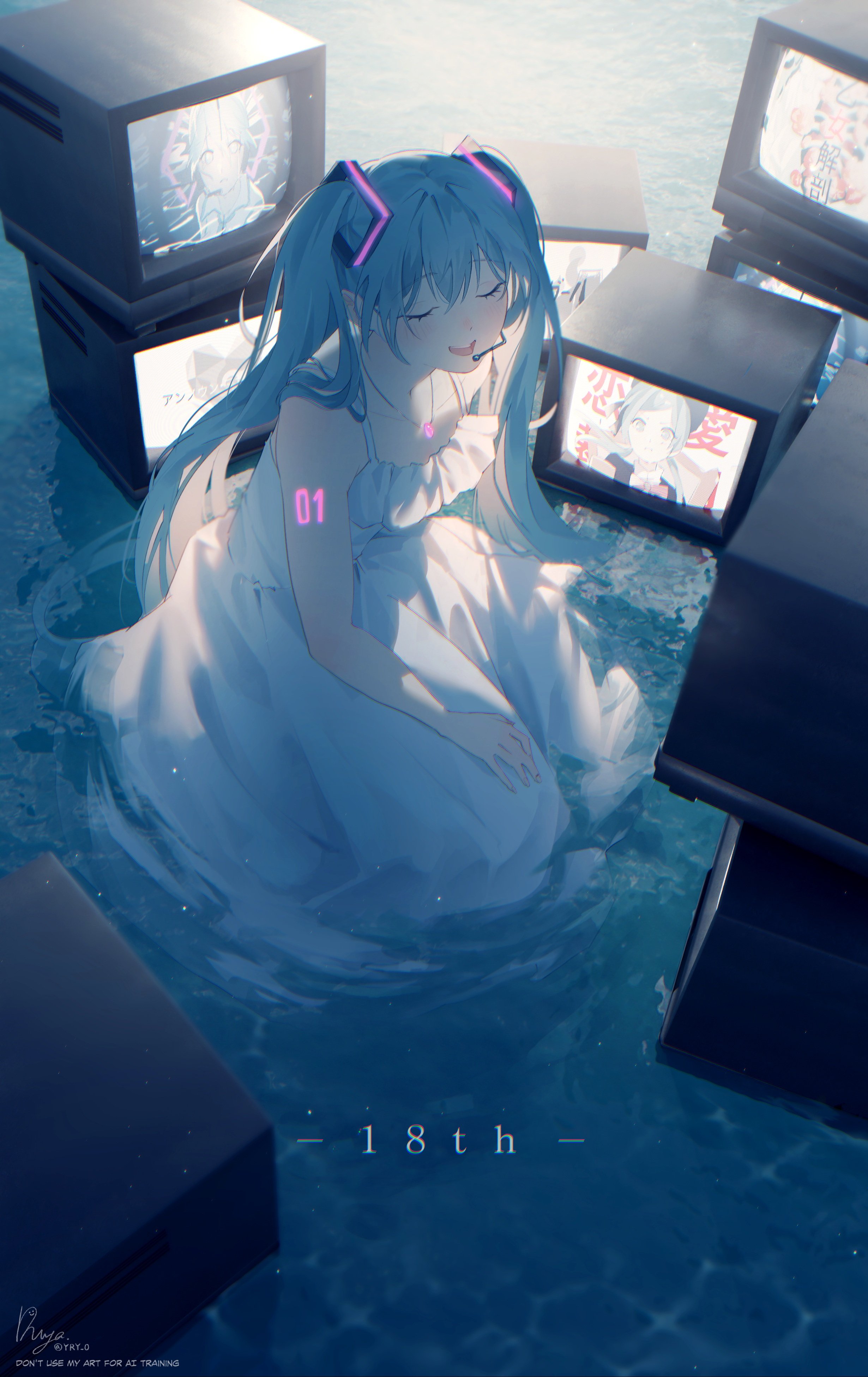 ryane (yry 0), hatsune miku, hibana (vocaloid), otome kaibou (vocaloid), ren'ai saiban (vocaloid), unknown mother goose (vocaloid), vocaloid, absurdres, highres, 1girl, aqua hair, artist name, bare arms, bare shoulders, blue hair, closed eyes, dress, frilled dress, frills, hair ornament, long hair, monitor, number tattoo, open mouth, shoulder tattoo, sitting, sleeveless, sleeveless dress, smile, solo, songover, tattoo, television, twintails, very long hair, water, white dress