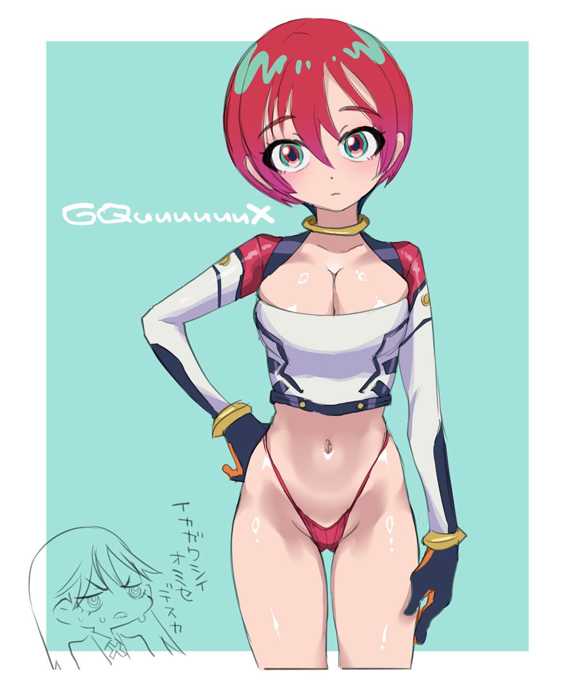 mudou eichi, amate yuzuriha, nyaan (gundam gquuuuuux), gundam, gundam gquuuuuux, highres, 2girls, aqua eyes, breasts, green background, hand on own hip, looking at viewer, medium breasts, multicolored hair, multiple girls, navel, red hair, skindentation, solo, spacesuit, thong