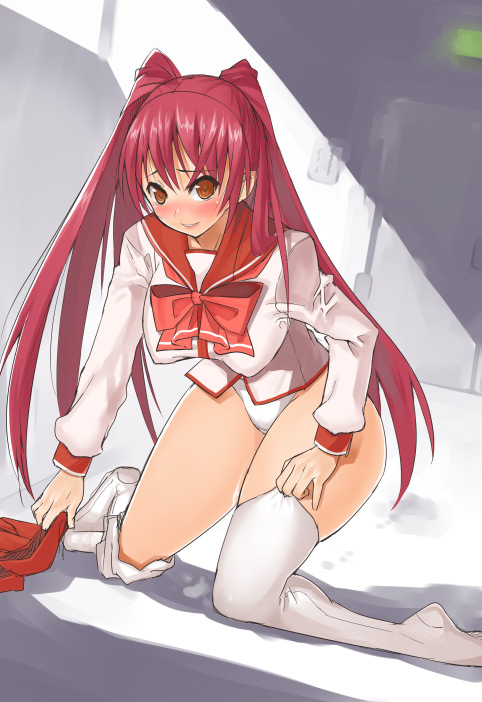 nagase haruhito, kousaka tamaki, to heart (series), to heart 2, 00s, 1girl, dressing, female focus, kneeling, looking at viewer, panties, school uniform, serafuku, solo, thighhighs, thighs, underwear