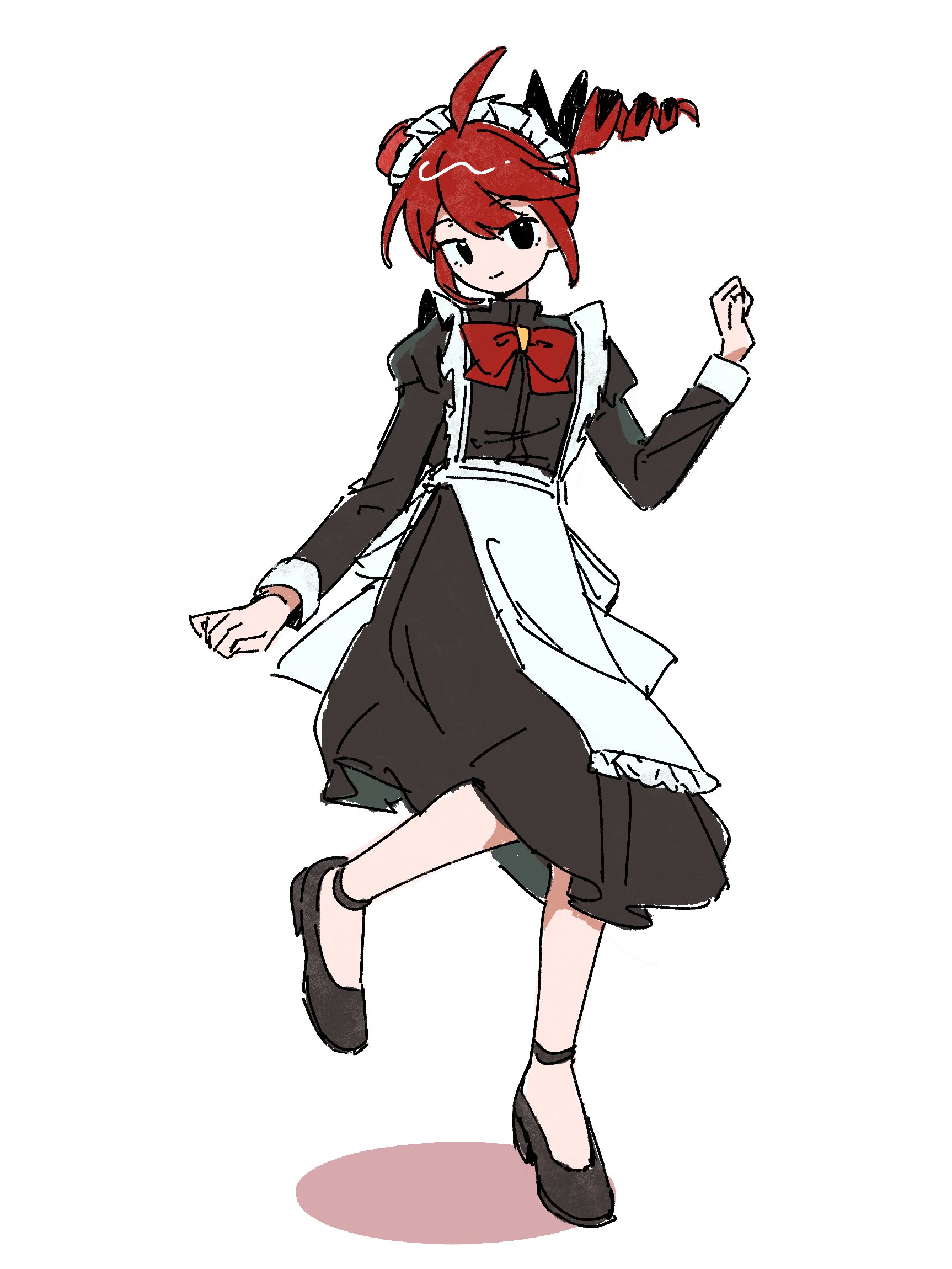 rainflowerstone, kasane teto, kasane teto (sv), synthesizer v, utau, highres, 1girl, ahoge, apron, black dress, black eyes, black shoes, bow, bowtie, closed mouth, dress, drill hair, floating hair, full body, juliet sleeves, long sleeves, looking at viewer, magic maid (synthesizer v), maid, maid apron, maid headdress, puffy sleeves, red hair, shoes, short hair, simple background, smile, solo, standing, standing on one leg, strappy heels, twin drills, white background