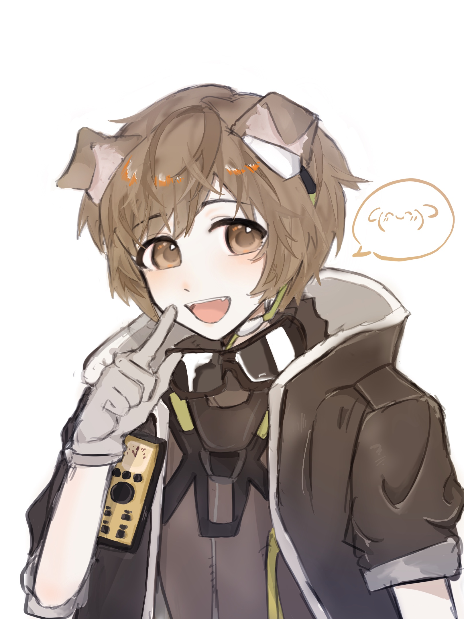 greyy (arknights), greyy the lightningbearer (arknights), arknights, highres, 1boy, animal ears, brown hair, brown jacket, collar, collared coat, collared jacket, device, dog boy, dog ears, finger to mouth, gloves, goggles, goggles around neck, happy, jacket, male focus, short-sleeved jacket, short hair, short sleeves, smile, upper body, white gloves, yellow eyes