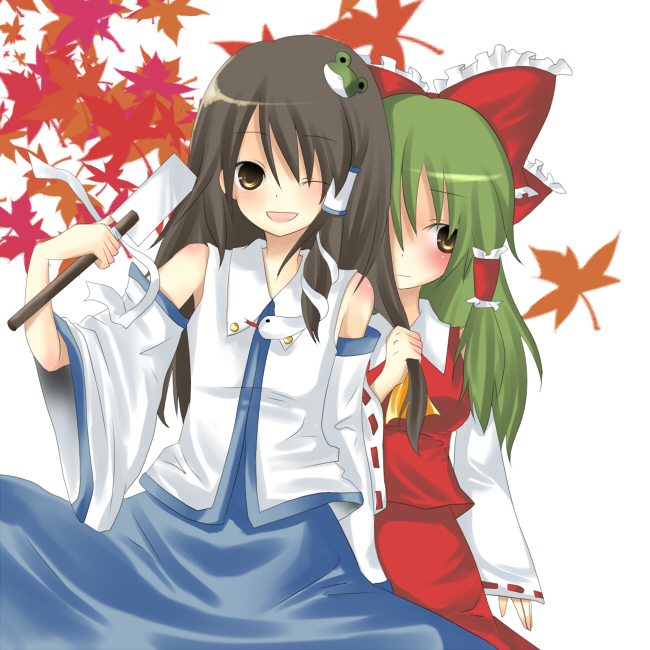 umi (umi02), hakurei reimu, kochiya sanae, touhou, 2girls, blush, cosplay, costume switch, female focus, grabbing another's hair, hair tubes, hakurei reimu (cosplay), holding another's hair, kochiya sanae (cosplay), leaf, multiple girls, one eye closed, wink