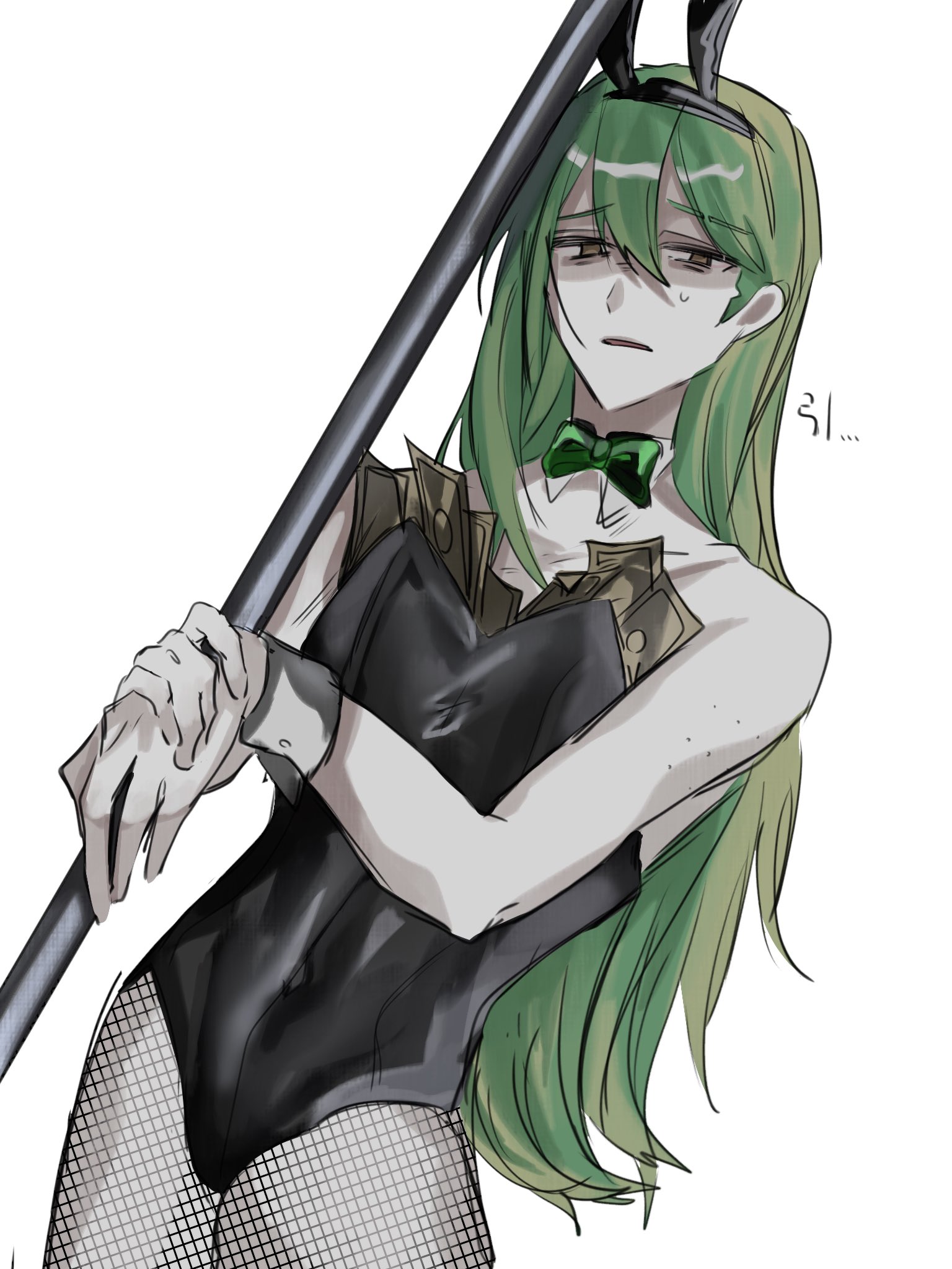 netzach (project moon), library of ruina, lobotomy corporation, project moon, highres, 1boy, alternate costume, animal ear hairband, animal ears, black leotard, bow, bowtie, covered navel, detached collar, fake animal ears, fishnet pantyhose, fishnets, green bow, green bowtie, green hair, hairband, leotard, long hair, looking at viewer, male focus, money, pantyhose, playboy bunny, rabbit ear hairband, rabbit ears, simple background, solo, strapless, strapless leotard, sweatdrop, tanakapppe, tucked money, upper body, white background, white wrist cuffs, wrist cuffs, yellow eyes