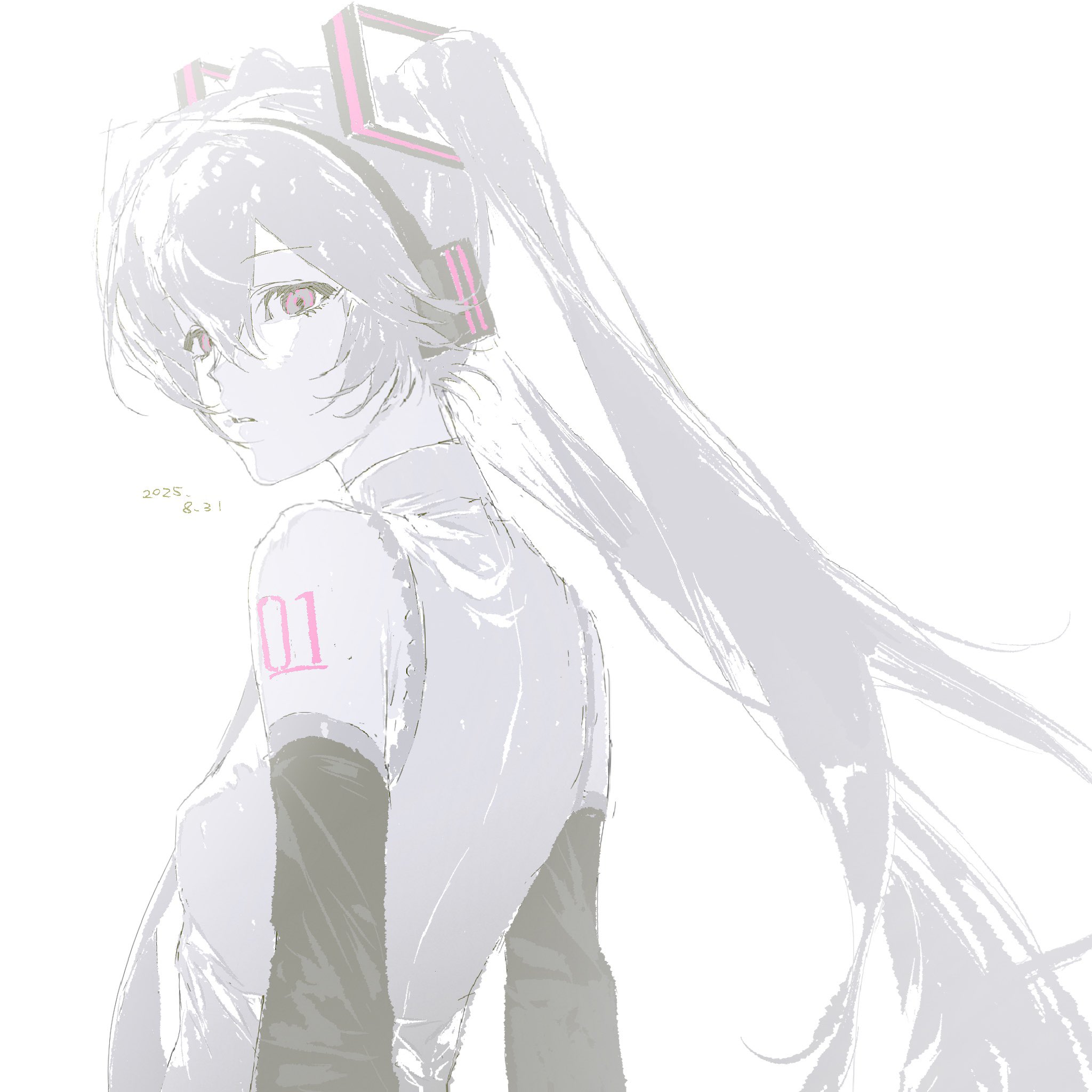 wigfire, hatsune miku, vocaloid, commentary, highres, 1girl, blue hair, dated, dated commentary, detached sleeves, hair between eyes, long hair, looking at viewer, pink eyes, simple background, solo, twintails, upper body, white background