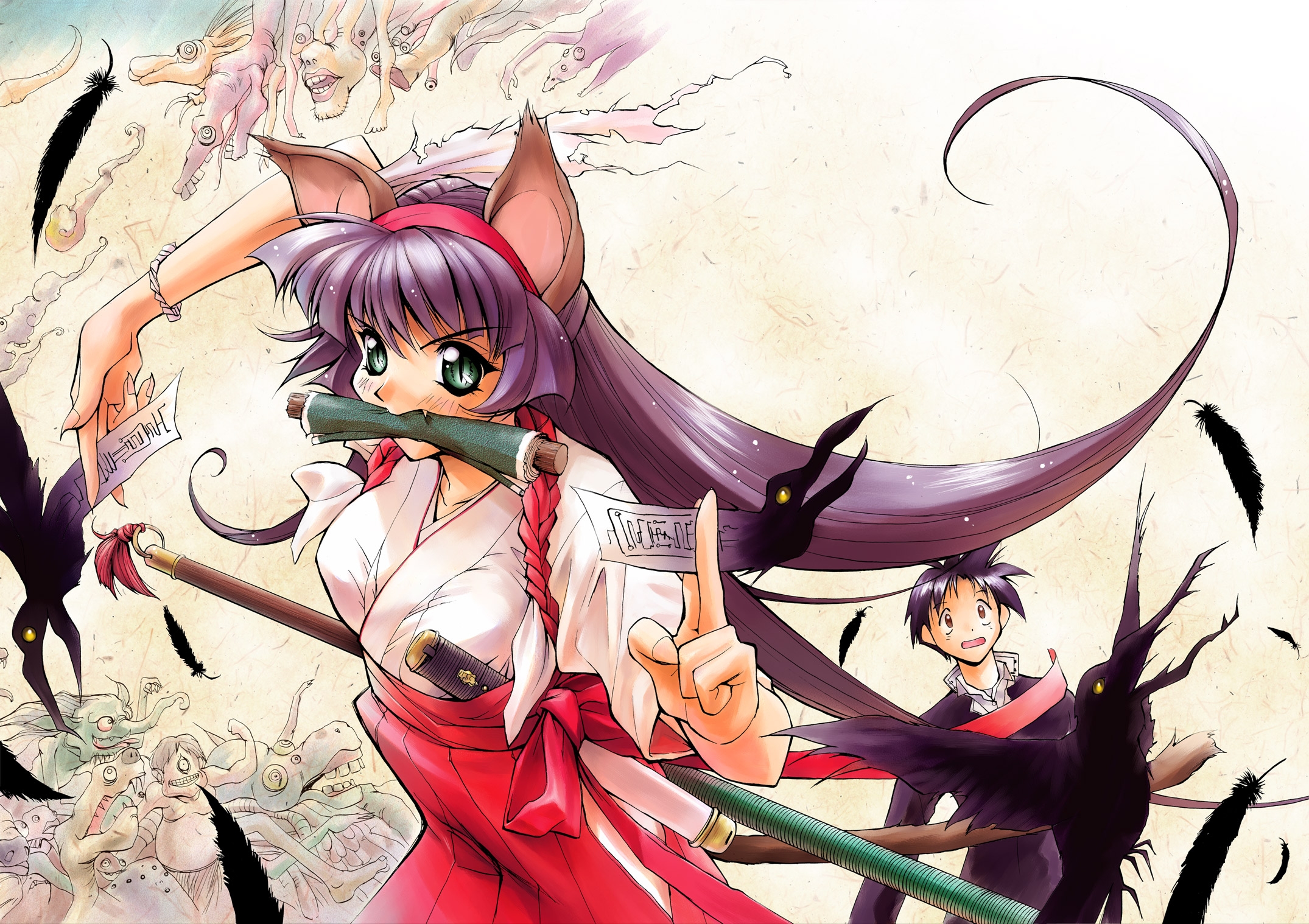 highres, 1boy, 1girl, animal ears, bird, cat ears, cat tail, crow, green eyes, hair ribbon, hakama, hakama skirt, japanese clothes, long hair, miko, mouth hold, ofuda, purple hair, red hakama, ribbon, scroll, skirt, sword, tail, talisman, weapon
