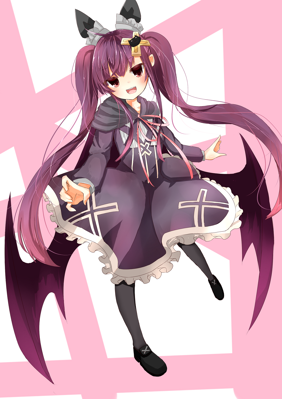 rano u rabe, alucard lore, emil chronicle online, highres, 1girl, bat wings, black bow, black cloak, black shoes, black thighhighs, bow, breasts, cloak, cross hair ornament, dress, frilled bow, frills, hair bow, hair ornament, long hair, looking at viewer, open mouth, purple dress, purple hair, purple wings, red eyes, shoes, small breasts, solo, thighhighs, twintails, vampire, wings