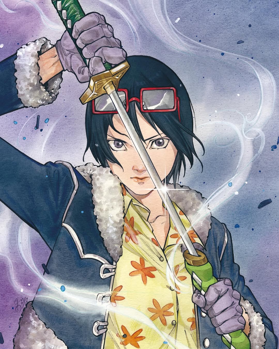 peach momoko, tashigi, one piece, one piece card game, commentary, highres, official art, 1girl, blue eyes, blue hair, closed mouth, eyewear on head, fur-trimmed jacket, fur trim, glint, gloves, holding, holding sword, holding weapon, jacket, looking at viewer, sheath, shirt, short hair, smoke, solo, sword, unsheathing, upper body, weapon, yellow shirt