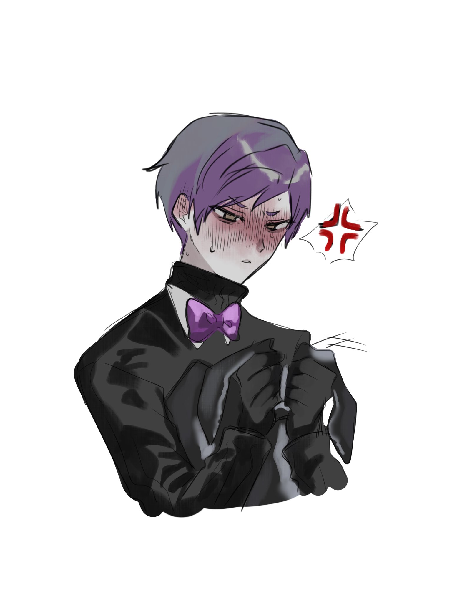 yesod (project moon), library of ruina, project moon, highres, anger vein, black jacket, black sweater, blush, bow, bowtie, collared shirt, full-face blush, jacket, long sleeves, looking at object, male focus, purple bow, purple bowtie, purple hair, shirt, short hair, simple background, solo, spoken anger vein, sweater, tanakapppe, upper body, white background, white shirt