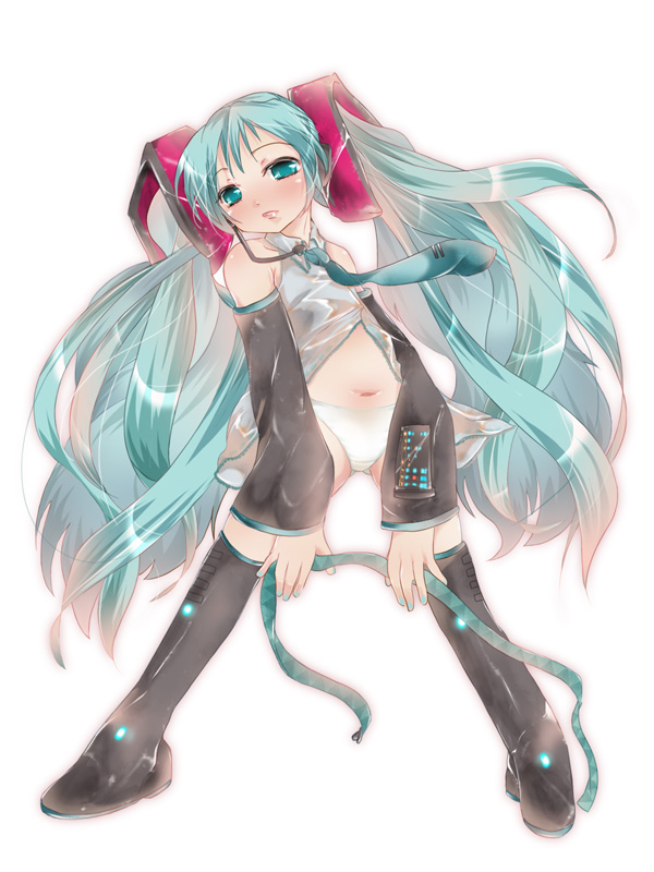 morihama karute, hatsune miku, vocaloid, blush, green eyes, green hair, long hair, panties, solo, thighhighs, twintails, underwear