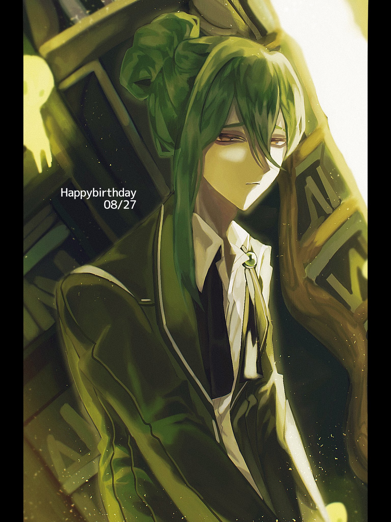 netzach (project moon), library of ruina, project moon, highres, 1boy, ascot, black border, border, brown eyes, coat, collared shirt, floor of art's glowing creature, folded ponytail, green brooch, green coat, green hair, happy birthday, indoors, long hair, long sleeves, looking at viewer, male focus, shirt, solo, tanakapppe, undone ascot, upper body, white shirt