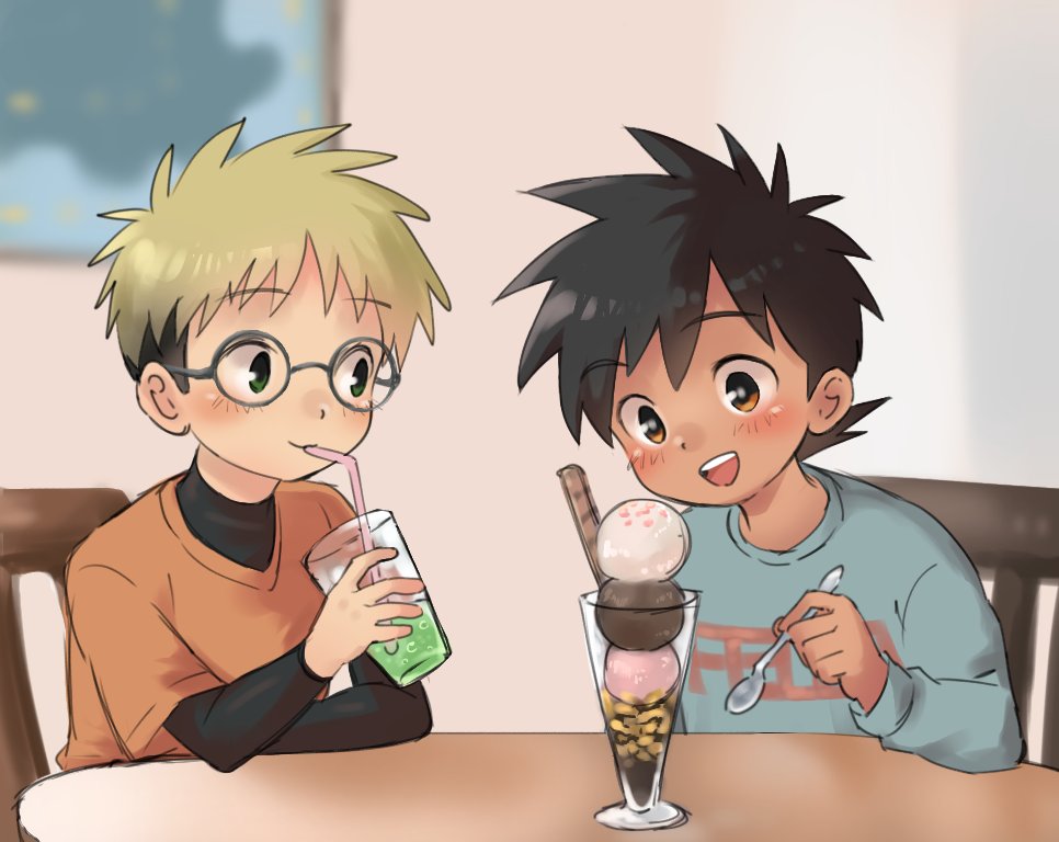 kimura b, original, bad id, bad twitter id, commentary, 2boys, black hair, blonde hair, blue shirt, blush, chair, cup, drinking, drinking glass, drinking straw, food, glasses, holding, holding spoon, ice cream, looking at food, male focus, multiple boys, open mouth, orange shirt, shirt, short hair, smile, spoon, sundae, table, tan