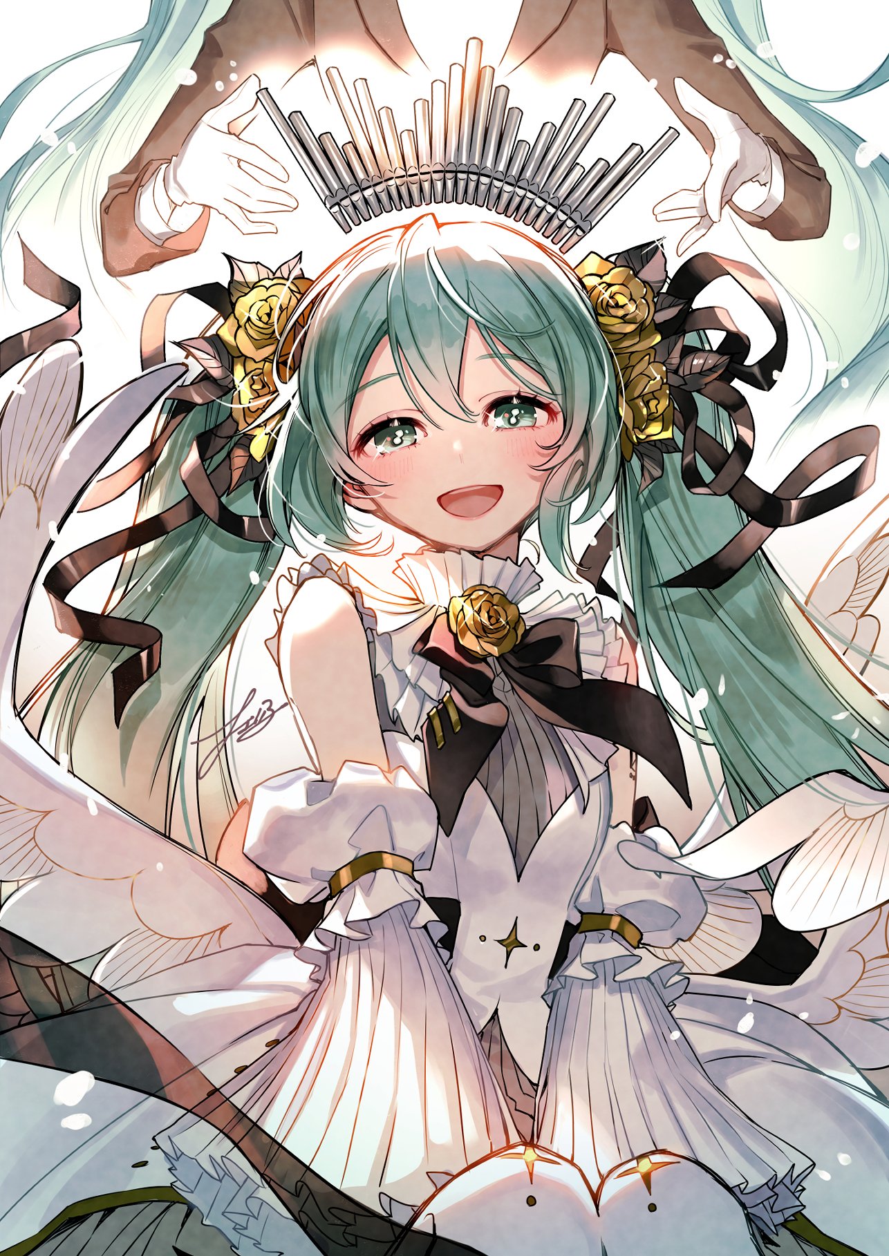 cherico, hatsune miku, miku symphony (vocaloid), vocaloid, commentary request, highres, 2girls, :d, aqua hair, bare shoulders, black ribbon, blush, bow, collar, crown, detached sleeves, dress, flower, frilled collar, frilled sleeves, frills, gloves, green eyes, hair between eyes, hair flower, hair ornament, hair ribbon, long hair, long sleeves, looking at viewer, multiple girls, neck ribbon, open mouth, out of frame, ribbon, rose, signature, simple background, sitting, sleeveless, smile, solo focus, teeth, twintails, upper teeth only, very long hair, white background, white dress, white gloves, white sleeves, white wings, wings, yellow flower, yellow rose
