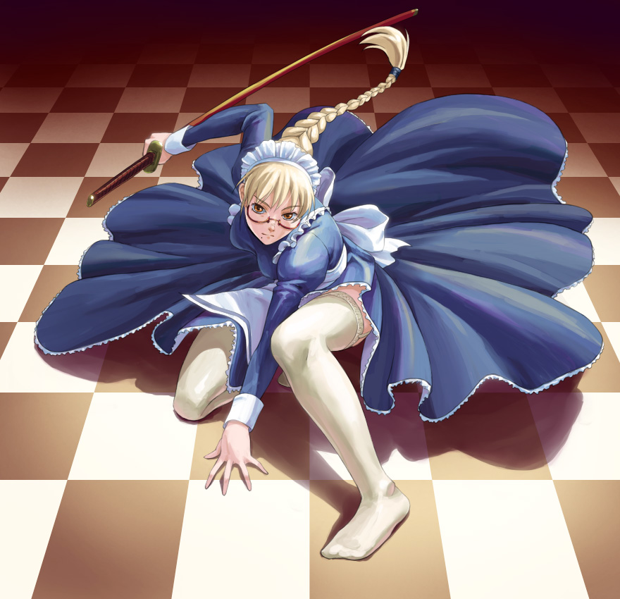 tani, copyright request, 1girl, blonde hair, braid, brown eyes, combat maid, feet, female focus, foreshortening, garter straps, glasses, katana, long hair, long sleeves, looking at viewer, maid, no shoes, on one knee, orange eyes, semi-rimless eyewear, single braid, solo, sword, thighhighs, under-rim eyewear, weapon