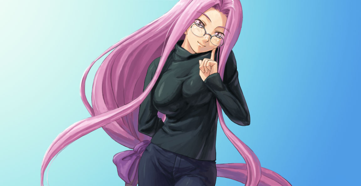 tani, medusa (fate), medusa (rider) (fate), fate/stay night, fate (series), 00s, 1girl, casual, denim, female focus, glasses, jeans, long hair, low-tied long hair, official alternate costume, pants, purple eyes, purple hair, solo, square pupils, very long hair