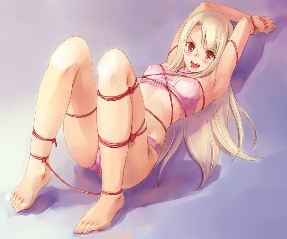 tani, illyasviel von einzbern, fate/stay night, fate (series), 00s, 1girl, aged up, armpits, arms up, barefoot, bdsm, bondage, bound, bound wrists, bra, breasts, covered erect nipples, feet, female focus, lingerie, long hair, lying, medium breasts, on back, open mouth, panties, red eyes, shibari, solo, toes, underwear, underwear only