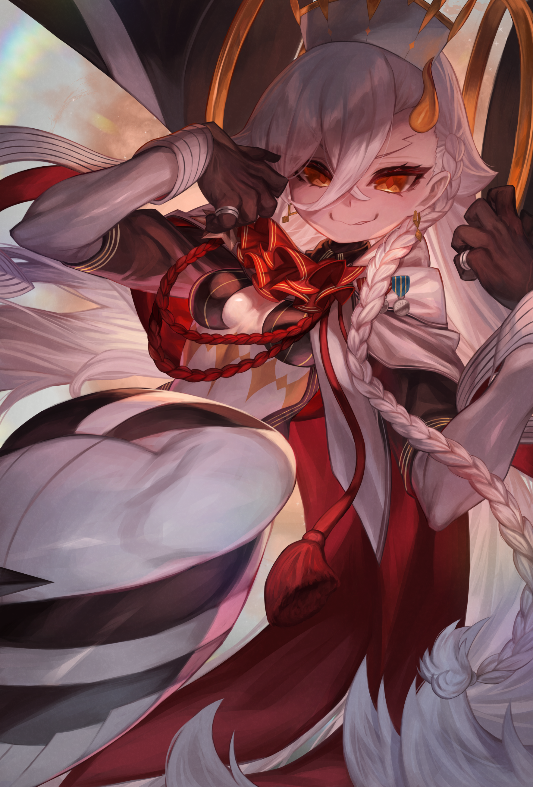 m0 chi, olga marie animusphere, u-olga marie, u-olga marie (second ascension), fate/grand order, fate (series), absurdres, highres, 1girl, ascot, breasts, cleavage, clothing cutout, horns, huge horns, long hair, looking at viewer, medium breasts, red ascot, smile, solo, stomach cutout, striped bodysuit, thighs, white hair