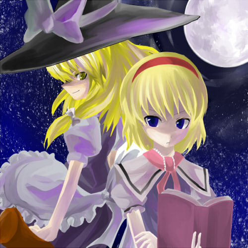 haro (artist), alice margatroid, kirisame marisa, touhou, lowres, 2girls, female focus, moon, multiple girls
