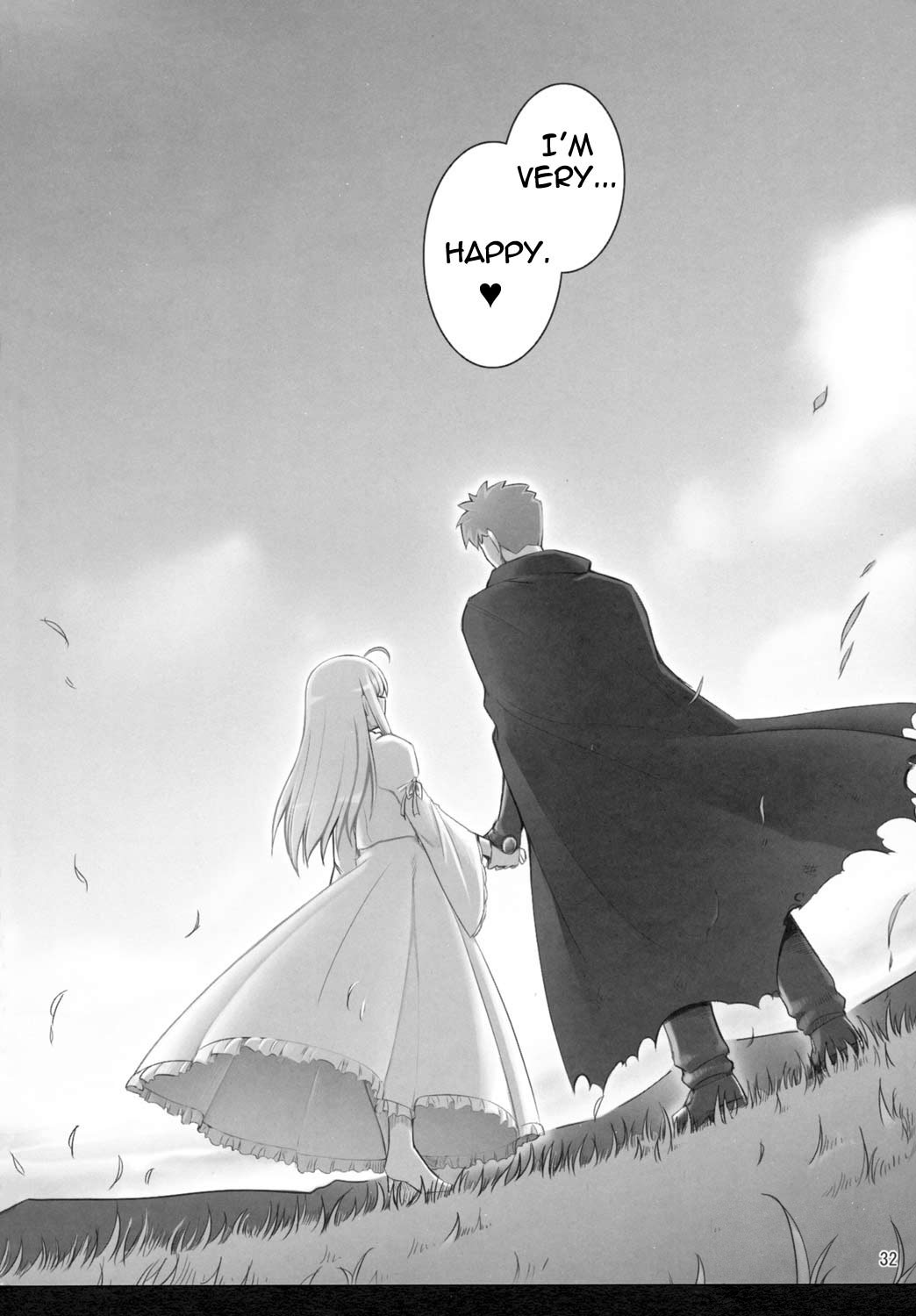 artoria pendragon (fate), emiya shirou, saber (fate), fate/stay night, fate (series), hard-translated, highres, non-web source, third-party edit, translated, 00s, 1boy, 1girl, ahoge, barefoot, cape, couple, dress, greyscale, hetero, holding hands, monochrome