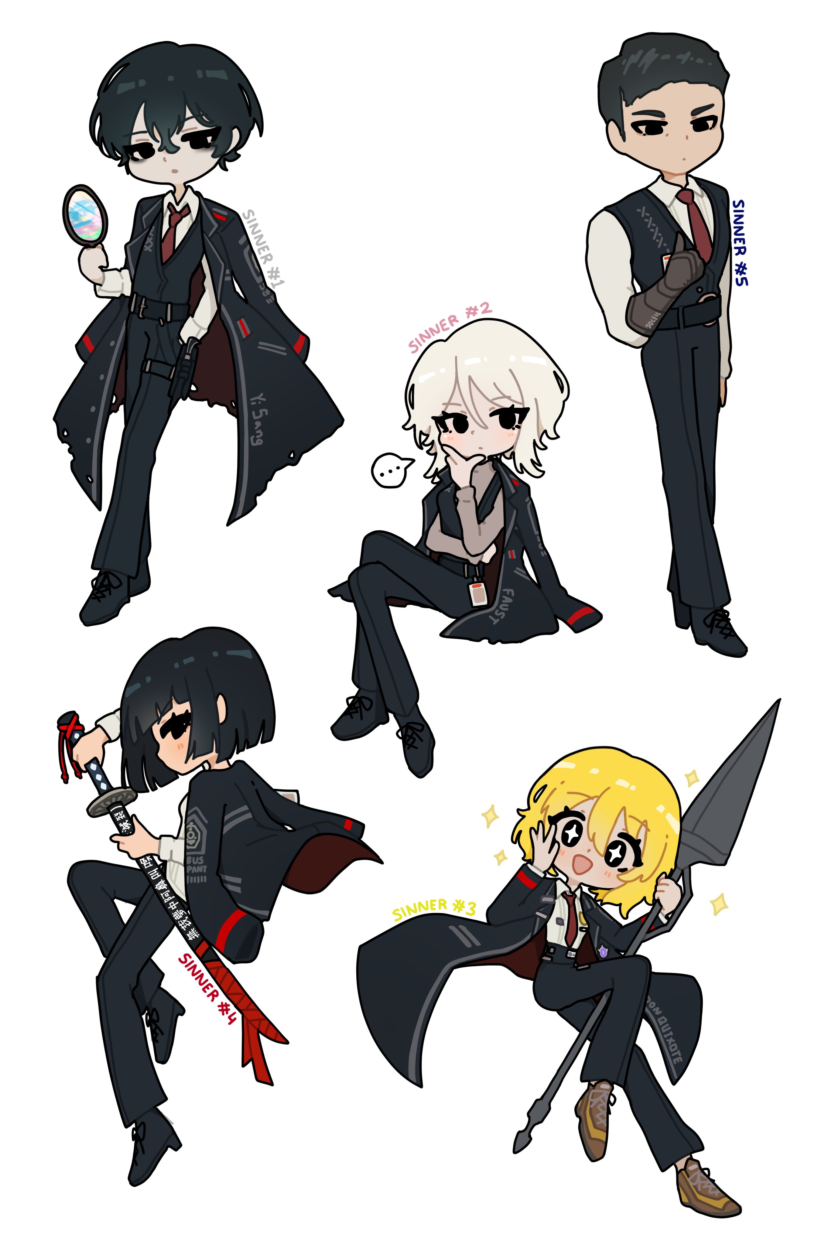 minty chu, don quixote (project moon), faust (project moon), meursault (project moon), ryoshu (project moon), yi sang (project moon), limbus company, project moon, absurdres, highres, + +, …, 2boys, 3girls, :d, black coat, black hair, black pants, black vest, blonde hair, bob cut, brown shoes, closed mouth, coat, coat on shoulders, collared shirt, deformed, full body, gauntlets, grey sweater, hand mirror, holding, holding polearm, holding sword, holding weapon, long sleeves, looking at viewer, mirror, multiple boys, multiple girls, necktie, open mouth, pants, polearm, red necktie, shirt, shoes, short hair, simple background, smile, sparkle, standing, sweater, sword, vest, weapon, white background, white hair, white shirt, yellow eyes