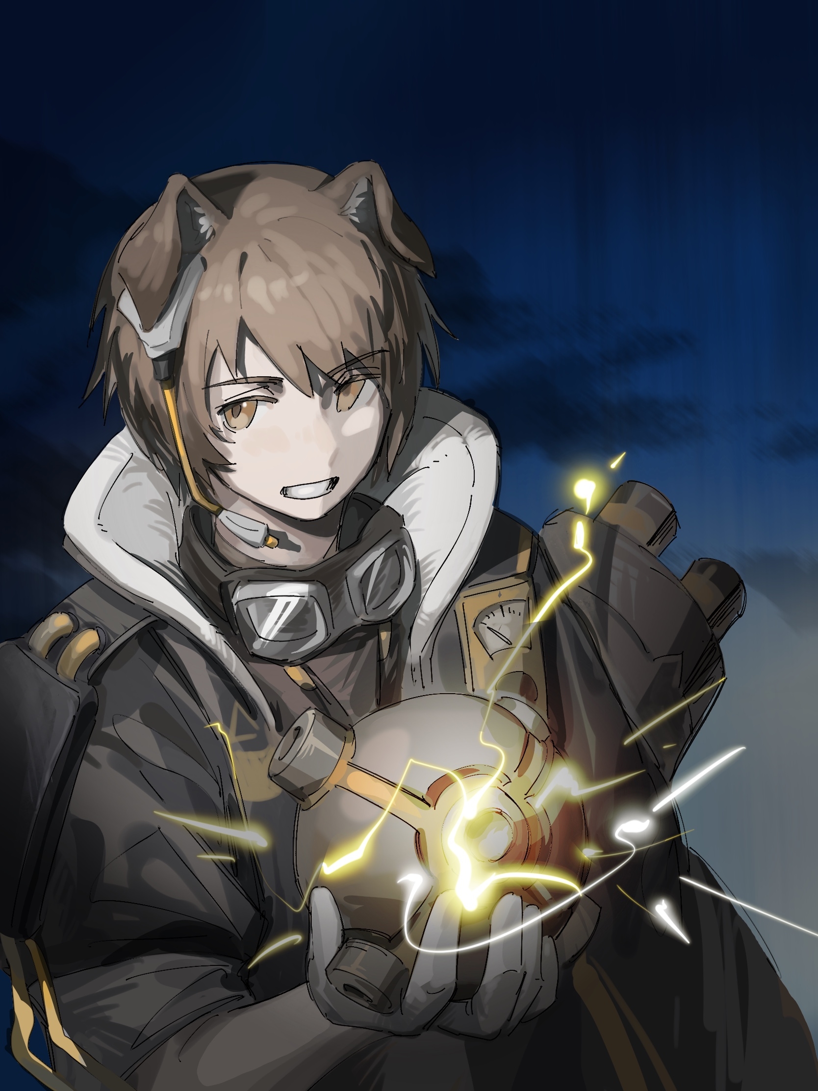 guisha, greyy (arknights), greyy the lightningbearer (arknights), arknights, highres, 1boy, animal ears, ball, brown hair, brown jacket, collar, collared coat, collared jacket, device, dog boy, dog ears, electricity, electrokinesis, gloves, goggles, goggles around neck, holding, jacket, male focus, night, short-sleeved jacket, short hair, short sleeves, smile, teeth, white gloves, yellow eyes