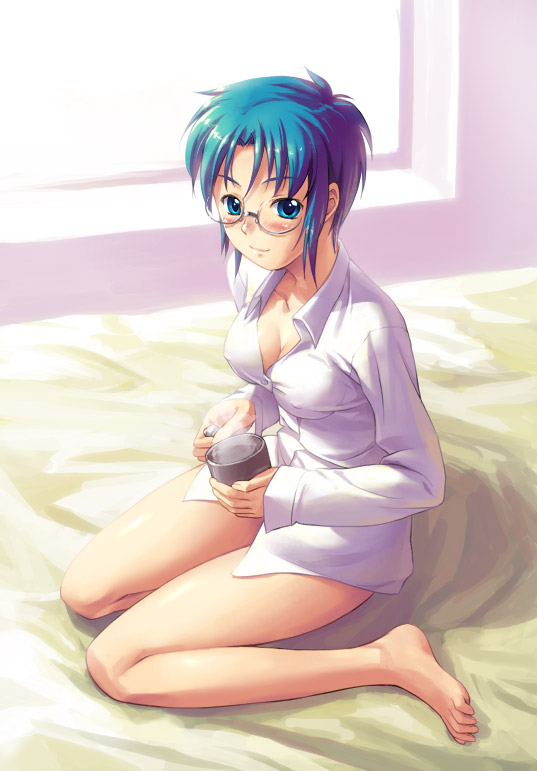 tani, ciel (tsukihime), tsukihime, 00s, 1girl, barefoot, blue eyes, blue hair, breasts, cleavage, covered erect nipples, feet, female focus, glasses, matching hair/eyes, medium breasts, solo