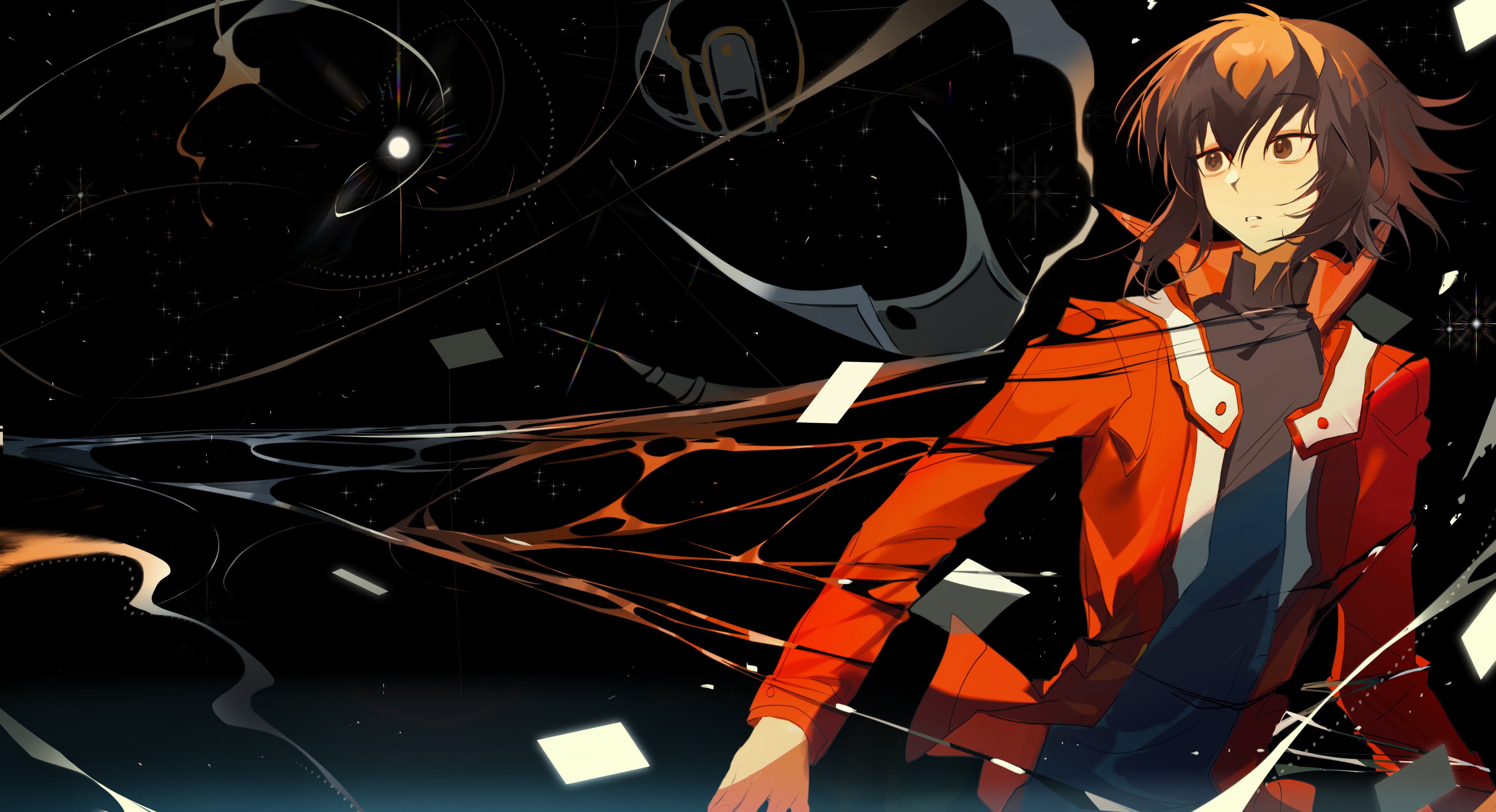 yuki judai, yu-gi-oh!, yu-gi-oh! gx, absurdres, highres, 1boy, black background, black shirt, black sky, brown eyes, brown hair, coat, dappled moonlight, duel academy uniform (yu-gi-oh! gx), facing viewer, floating paper, flying paper, full moon, hair slicked back, kibisukii, light particles, long bangs, looking to the side, male focus, moon, moonlight, night, night sky, open clothes, open coat, outdoors, paper, papers, popped collar, red coat, shirt, sky, smoke, star (sky), turning head, upper body, white trim, wind