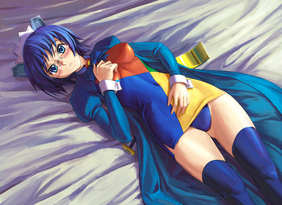 tani, 2k-tan, os-tan, 1girl, :o, blue eyes, blue panties, blue thighhighs, blush, breasts, covered erect nipples, covered navel, female focus, glasses, impossible clothes, lying, medium breasts, on back, panties, purple hair, skin tight, solo, thighhighs, underwear