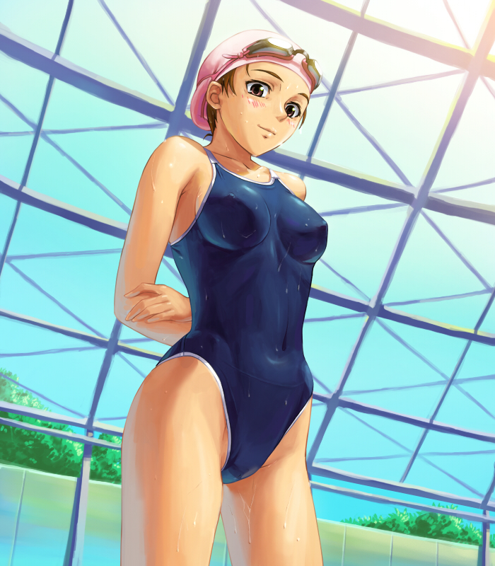 tani, brown eyes, brown hair, from below, goggles, one-piece swimsuit, school swimsuit, solo, swim cap, swimsuit, wet