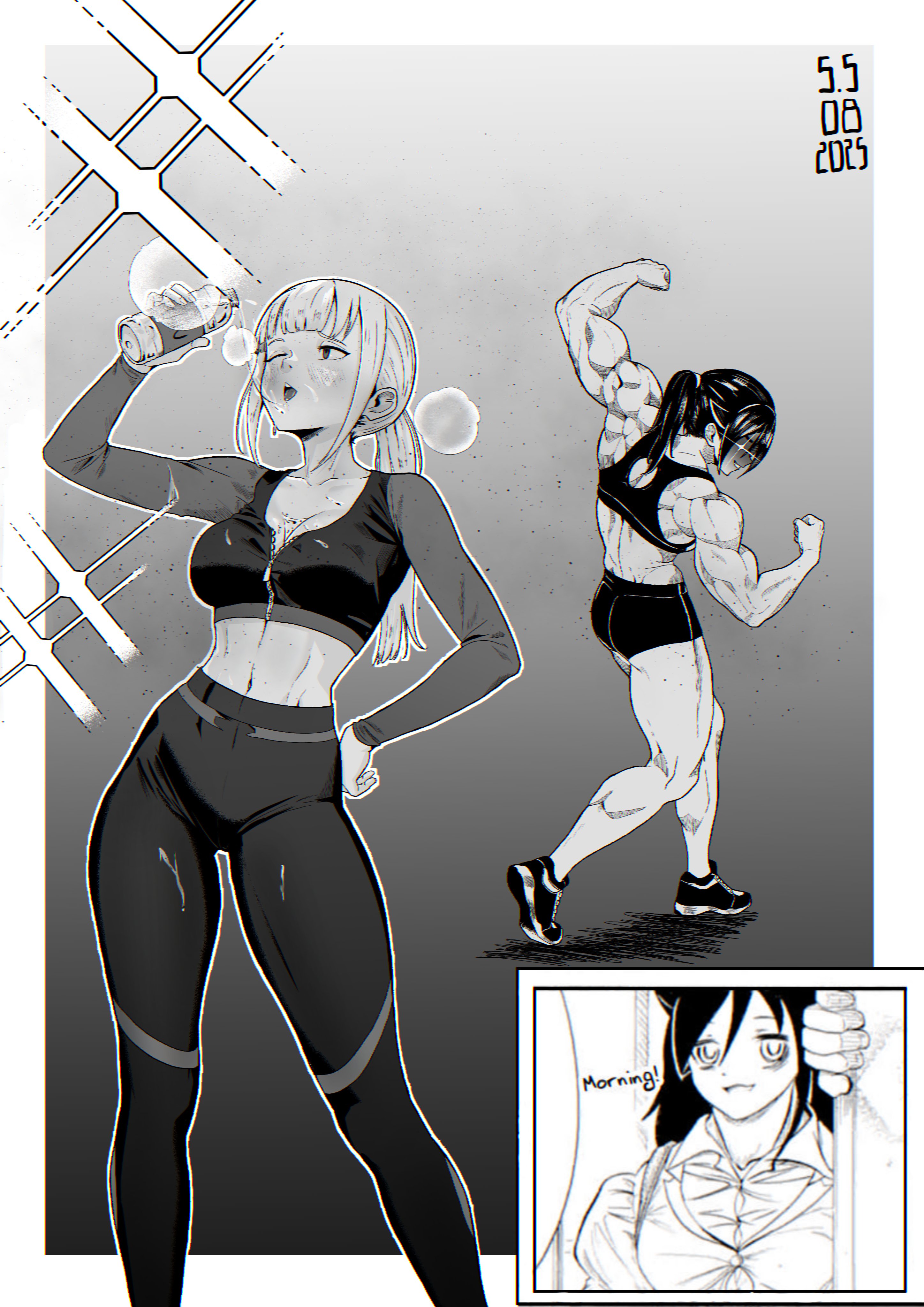 santiagodraws, katou asuka, kuroki tomoko, watashi ga motenai no wa dou kangaetemo omaera ga warui!, absurdres, highres, 2girls, abs, alternate muscle size, bags under eyes, biceps, black hair, black sports bra, breasts, flexing, greyscale, hair between eyes, large breasts, long hair, messy hair, monochrome, multiple girls, muscular, muscular female, navel, obliques, open mouth, sports bra, sweat, thick thighs, thighs, toned