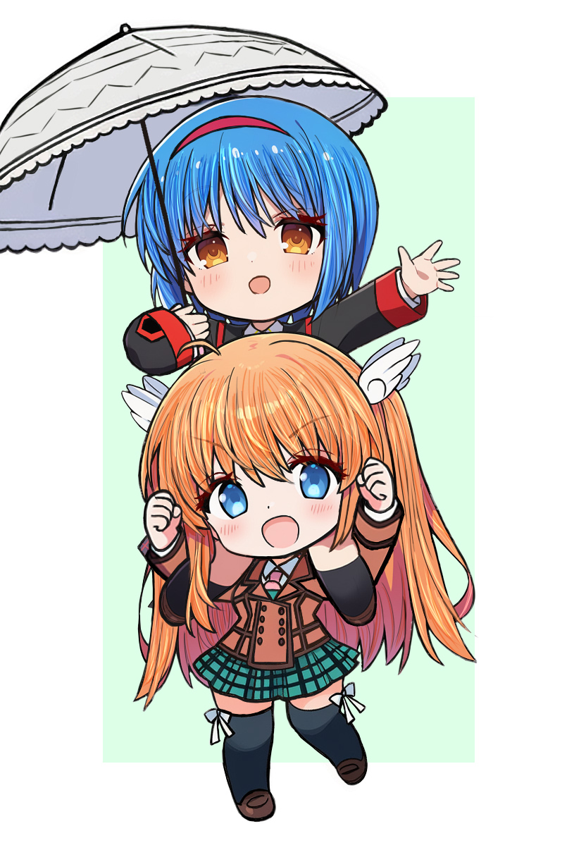 gensou roukaku, nishizono mio, ootori chihaya, key (company), little busters!, rewrite, commentary, highres, symbol-only commentary, 2girls, :d, aqua background, birthday, birthday connection, black jacket, black socks, black thighhighs, blue eyes, blue hair, blush, bow, bow legwear, brown jacket, carrying, chibi, chibi only, clenched hands, company connection, crossover, eyelashes, full body, green skirt, hair between eyes, hair ornament, hairband, hands up, holding, holding umbrella, jacket, kneehighs, little busters! school uniform, long hair, long sleeves, looking at viewer, medium hair, miniskirt, multiple girls, open mouth, orange eyes, orange hair, outstretched arm, outstretched hand, plaid clothes, plaid skirt, red hairband, school uniform, shoulder carry, simple background, skirt, smile, socks, straight hair, tareme, thighhighs, two-tone background, two side up, umbrella, under umbrella, v-shaped eyebrows, very long hair, white background, white bow, white umbrella, wing hair ornament, zettai ryouiki