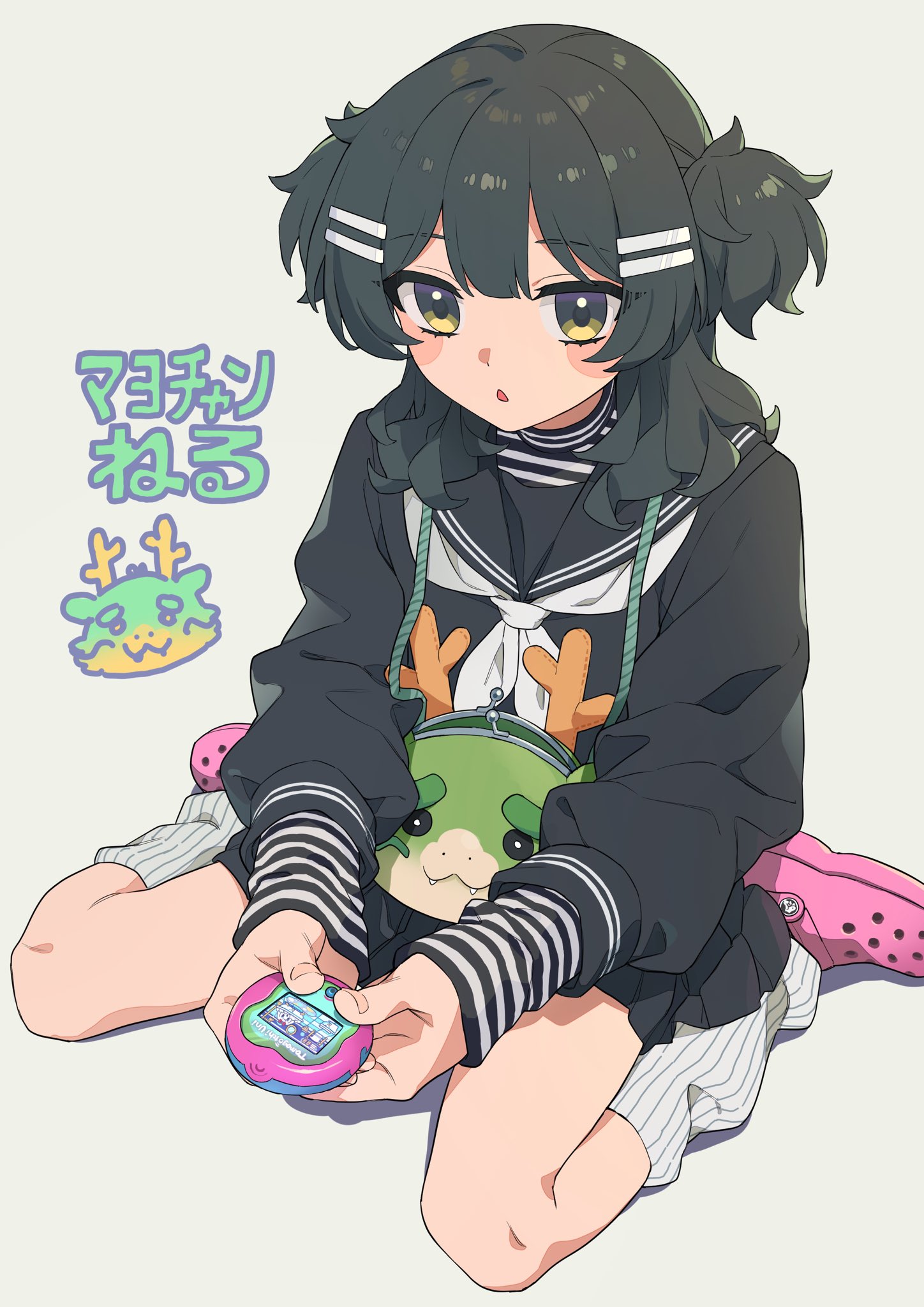 namiko817, original, tamagotchi, tamagotchi uni, commentary, highres, 1girl, animal bag, black hair, black sailor collar, black serafuku, black shirt, black skirt, crocs, full body, green eyes, hair ornament, hairclip, holding, leg warmers, long sleeves, medium hair, neckerchief, open mouth, parallel hairclips, pleated skirt, sailor collar, school uniform, serafuku, shirt, simple background, sitting, skirt, solo, tamagotchi (virtual pet), triangle mouth, two side up, vertical-striped leg warmers, virtual pet (toy), wariza, white background, white neckerchief
