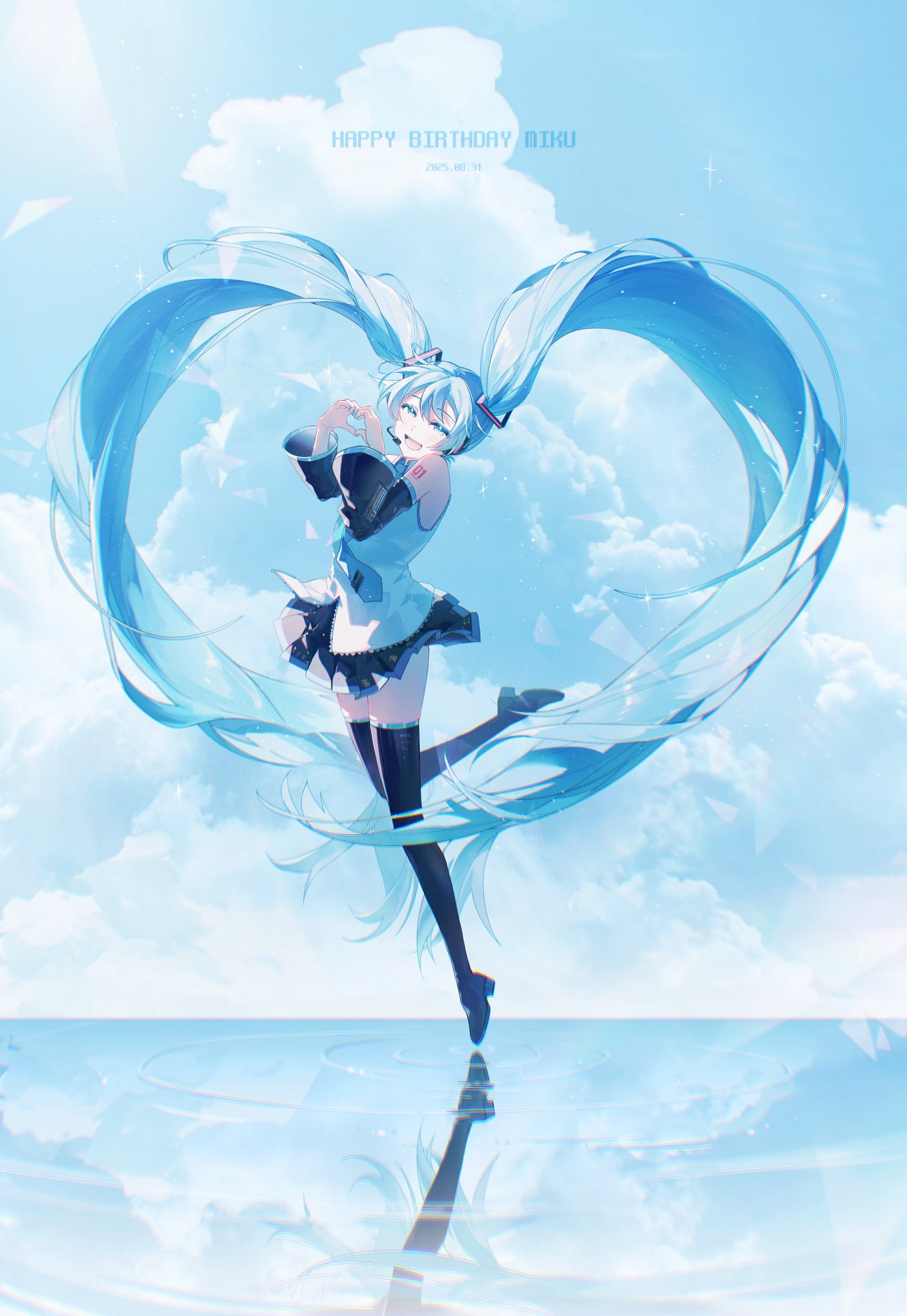 yul luy, hatsune miku, vocaloid, highres, 1girl, absurdly long hair, bare shoulders, black skirt, black sleeves, blue eyes, blue hair, blue necktie, blue sky, blue theme, boots, character name, closed eyes, cloud, cloudy sky, collared shirt, dated, day, detached sleeves, floating hair, full body, hair between eyes, hair ornament, happy birthday, headphones, headset, heart, heart hands, leg up, long hair, looking at viewer, miniskirt, necktie, open mouth, outdoors, pleated skirt, reflection, shirt, skirt, sky, sleeveless, sleeveless shirt, smile, solo, standing, standing on one leg, thigh boots, thighhighs, twintails, very long hair, white shirt, zettai ryouiki