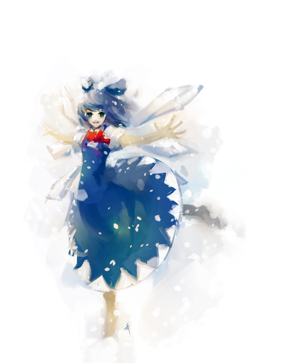 archlich, cirno, perfect cherry blossom, touhou, bad id, bad pixiv id, highres, 1girl, blue eyes, blue hair, bow, dress, female focus, gradient background, matching hair/eyes, short hair, simple background, smile, solo, standing, white background, wings