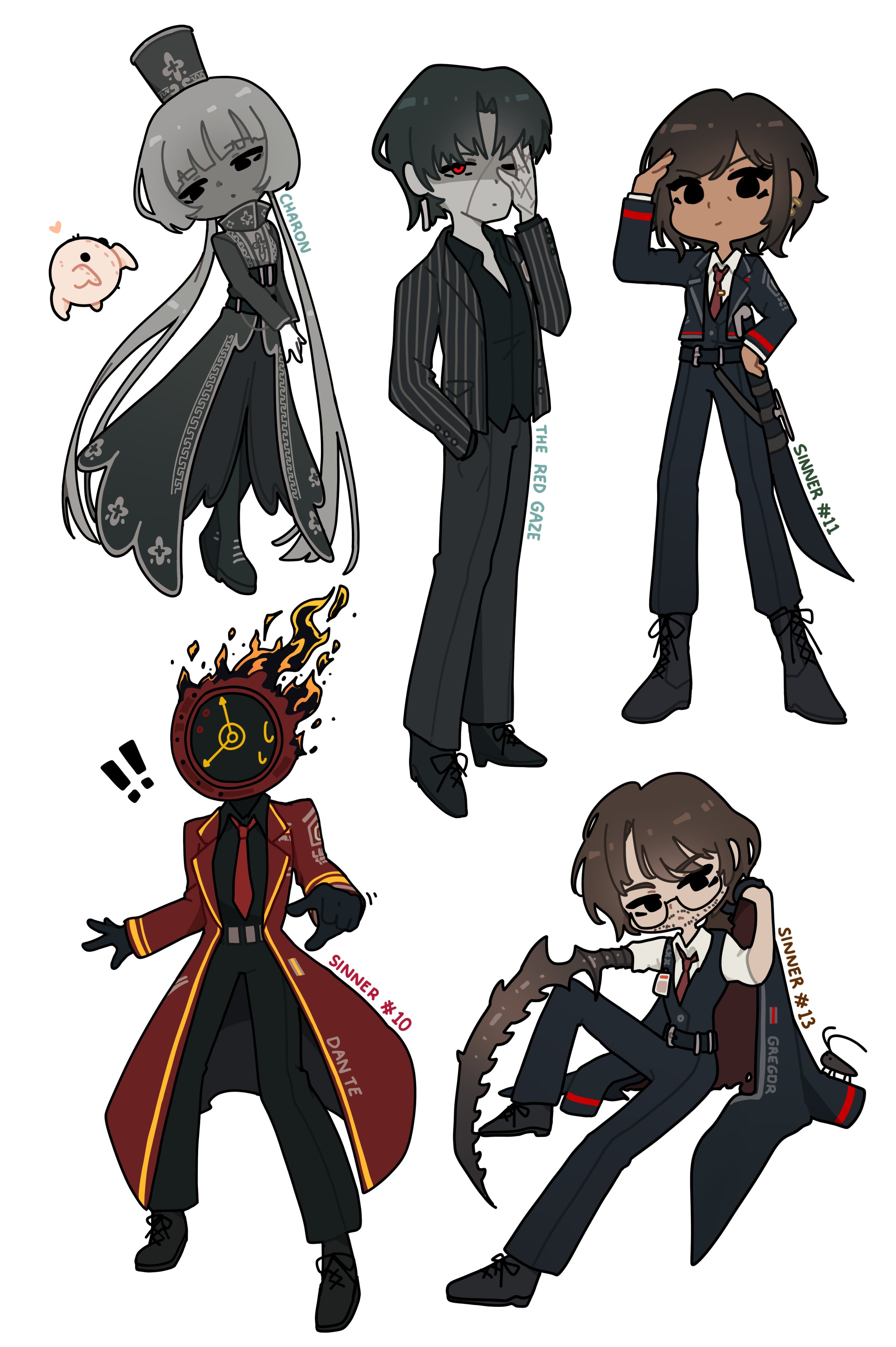 minty chu, charon (project moon), dante (limbus company), gregor (project moon), outis (project moon), vergilius (project moon), limbus company, project moon, absurdres, highres, 1other, 2boys, 2girls, arthropod limbs, black gloves, black hair, black shirt, black vest, brown hair, clock, coat, collared shirt, deformed, earrings, facial hair, flaming head, full body, glasses, gloves, grey hair, grey jacket, jacket, jewelry, long hair, long sleeves, looking at viewer, low ponytail, low twintails, multiple boys, multiple girls, necktie, object head, ponytail, red coat, red eyes, red necktie, shirt, short hair, simple background, sitting, standing, striped clothes, striped jacket, twintails, vest, white background, white shirt
