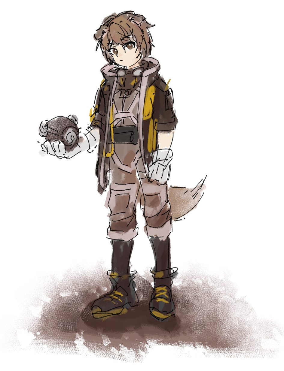 greyy (arknights), greyy the lightningbearer (arknights), arknights, highres, 1boy, animal ears, ball, brown hair, brown jacket, collar, collared coat, collared jacket, dog boy, dog ears, dog tail, gloves, goggles, goggles around neck, holding, holding ball, jacket, male focus, short-sleeved jacket, short hair, short sleeves, standing, tail, white gloves, yellow eyes