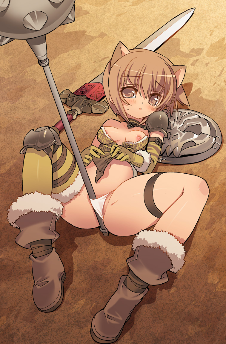 blade (galaxist), fantasy earth zero, bad id, bad pixiv id, 1girl, animal ears, blush, boots, breasts, brown eyes, brown hair, cat ears, choker, female focus, gloves, lying, mace, midriff, navel, nipple slip, nipples, open mouth, panties, shield, small breasts, solo, sword, tears, underwear, weapon, white panties