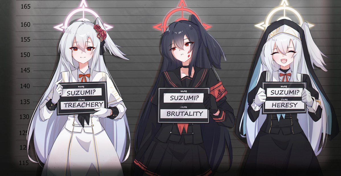 tah noey, justice task force member (blue archive), sisterhood member (blue archive), suzumi (blue archive), tea party militant (blue archive), blue archive, commentary, commission, english commentary, 3girls, :d, ^ ^, alternate color, alternate costume, alternate hair color, arrest, black hair, black veil, blood, blood on face, closed eyes, corset, cosplay, cropped jacket, dress, halo, happy birthday, head wings, height chart, holding, holding sign, justice task force member (blue archive) (cosplay), long dress, long hair, looking to the side, mugshot, multiple girls, multiple persona, nun, open mouth, red eyes, school uniform, sign, single head wing, sisterhood member (blue archive) (cosplay), smile, tea party militant (blue archive) (cosplay), veil, very long hair, white hair, wings