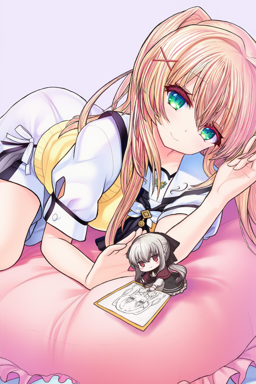 gensou roukaku, sion (eden), tsumugi wenders, eden they were only two on the planet, summer pockets, pink pillow, commentary request, highres, 2girls, arm support, ascot, birthday, birthday connection, black ascot, black dress, blonde hair, blush, blush stickers, chibi, chibi inset, closed mouth, crossover, drawing (action), dress, eyelashes, eyes visible through hair, frilled dress, frilled pillow, frills, green eyes, grey background, grey hair, hair between eyes, hair intakes, hair ornament, half updo, happy, long hair, lying, miniskirt, multiple girls, on side, pillow, puffy short sleeves, puffy sleeves, red eyes, ribbon, sailor collar, school uniform, serafuku, shikishi (object), shirt, short sleeves, sidelocks, simple background, skirt, smile, solo focus, summer pockets school uniform, sweater vest, twintails, white ribbon, white sailor collar, white serafuku, white shirt, white skirt, x hair ornament, yellow sweater vest