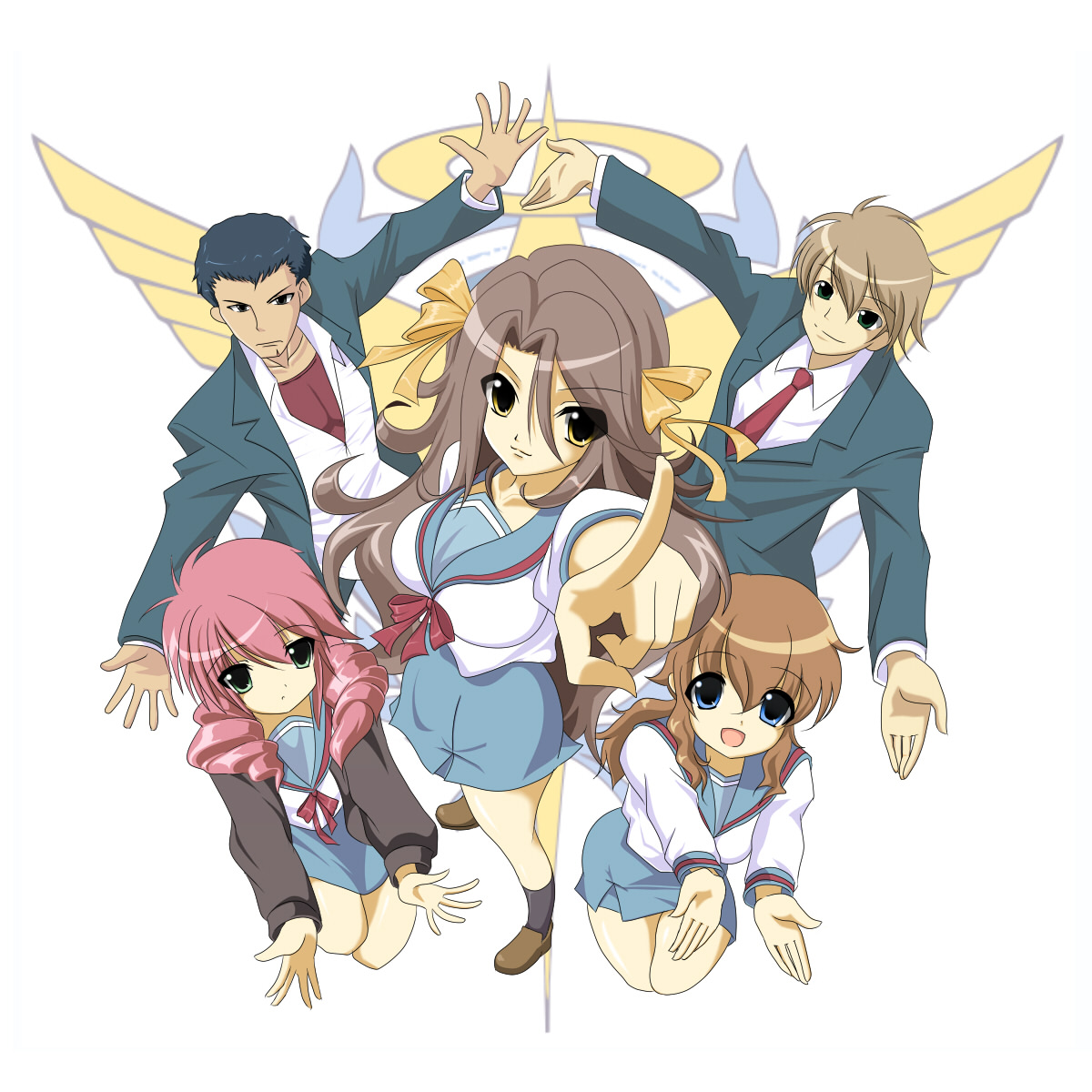 shuz (dodidu), christina sierra, feldt grace, lasse aeon, lichtendahl tsery, sumeragi lee noriega, gundam, gundam 00, suzumiya haruhi no yuuutsu, bad id, bad pixiv id, highres, 2boys, 3girls, multiple boys, multiple girls, parody, school uniform, serafuku