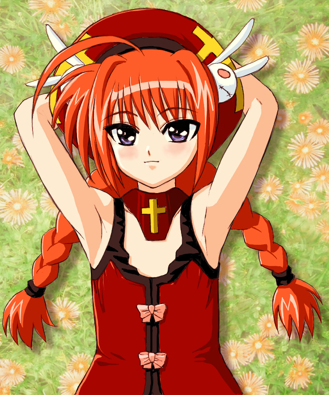 shirogane kihen, vita (nanoha), lyrical nanoha, mahou shoujo lyrical nanoha, mahou shoujo lyrical nanoha a's, 00s, 1girl, adapted costume, armpits, arms up, beret, blue eyes, braid, collarbone, detached collar, dress, female focus, flat chest, flower, grass, hair ornament, hat, long hair, rabbit hair ornament, red dress, solo, twin braids, upper body, very long hair