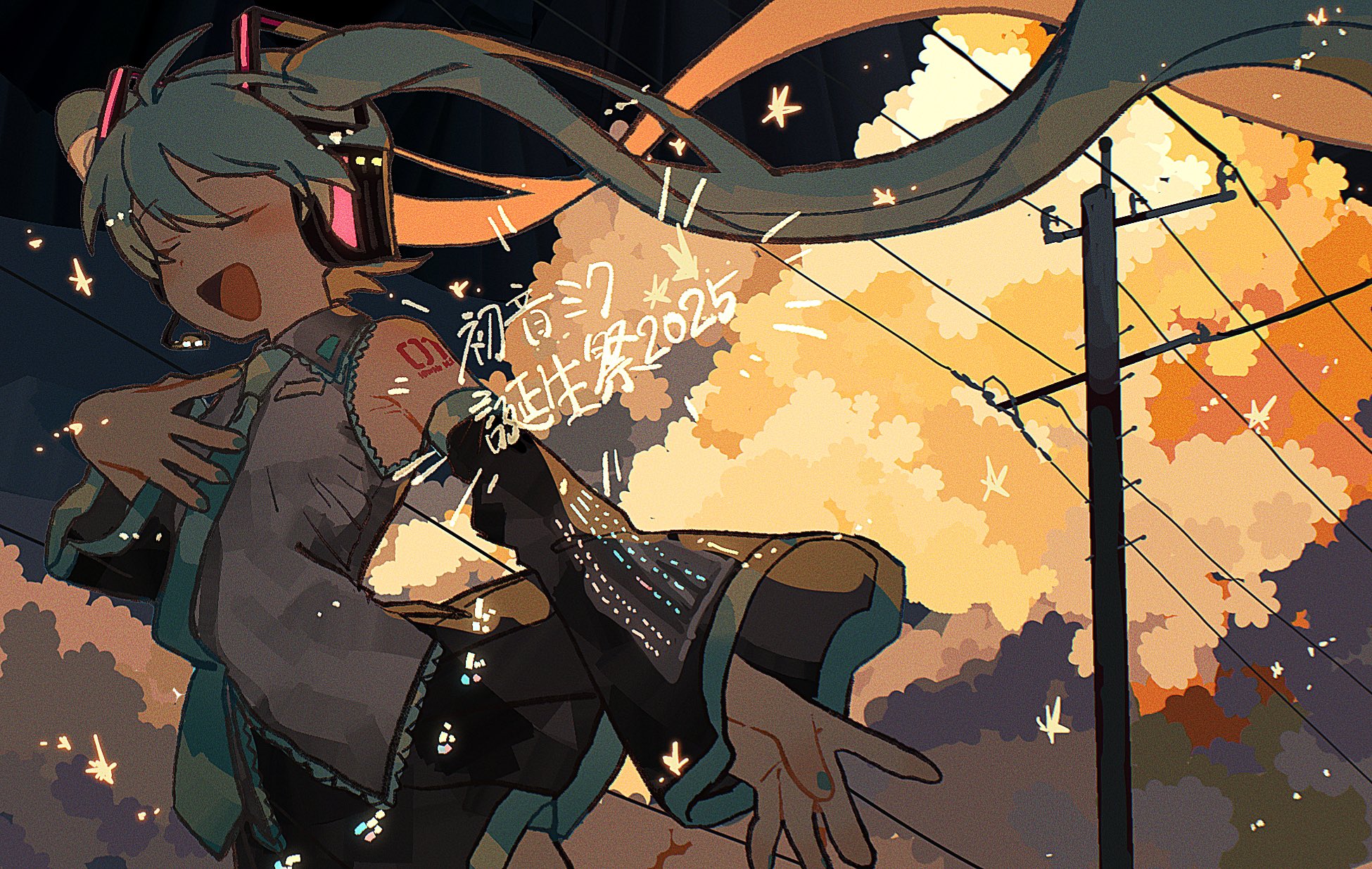 fukomo, hatsune miku, vocaloid, highres, 1girl, aqua hair, aqua nails, aqua necktie, bare shoulders, black skirt, blush, cloud, cloudy sky, collared shirt, cowboy shot, dated, detached sleeves, floating hair, grey shirt, hair ornament, hand on own chest, headphones, long hair, necktie, number tattoo, open mouth, outdoors, pleated skirt, shirt, shoulder tattoo, skirt, sky, sleeveless, sleeveless shirt, smile, solo, tattoo, twintails, utility pole, very long hair