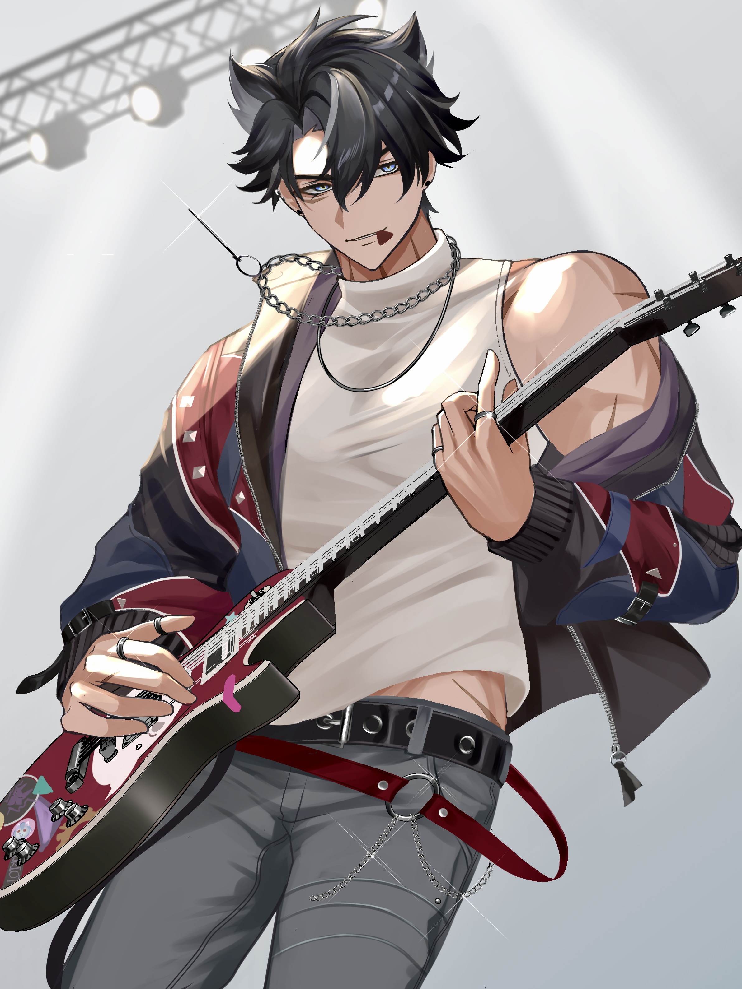 aice alice ice, wriothesley (genshin impact), genshin impact, absurdres, commentary request, highres, 1boy, alternate costume, belt, black hair, blue eyes, cowboy shot, ear piercing, glint, grey background, grey pants, guitar, hair between eyes, holding, holding guitar, holding instrument, instrument, jacket, jewelry, looking at viewer, male focus, midriff peek, mouth hold, multiple rings, music, necklace, pants, piercing, playing guitar, playing instrument, plectrum, ring, scar, scar on arm, scar on neck, shirt, short hair, simple background, single off shoulder, sleeveless, sleeveless shirt, smile, solo, stage lights, white shirt, wriothesley (galaxy store) (genshin impact)