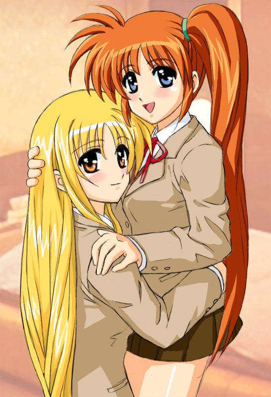 shirogane kihen, fate testarossa, takamachi nanoha, lyrical nanoha, mahou shoujo lyrical nanoha, mahou shoujo lyrical nanoha a's, 00s, 2girls, :d, blazer, blonde hair, blue eyes, blush, brown eyes, hug, jacket, long hair, long sleeves, miniskirt, multiple girls, open mouth, pleated skirt, school uniform, serafuku, side ponytail, skirt, smile, standing, very long hair, yuri