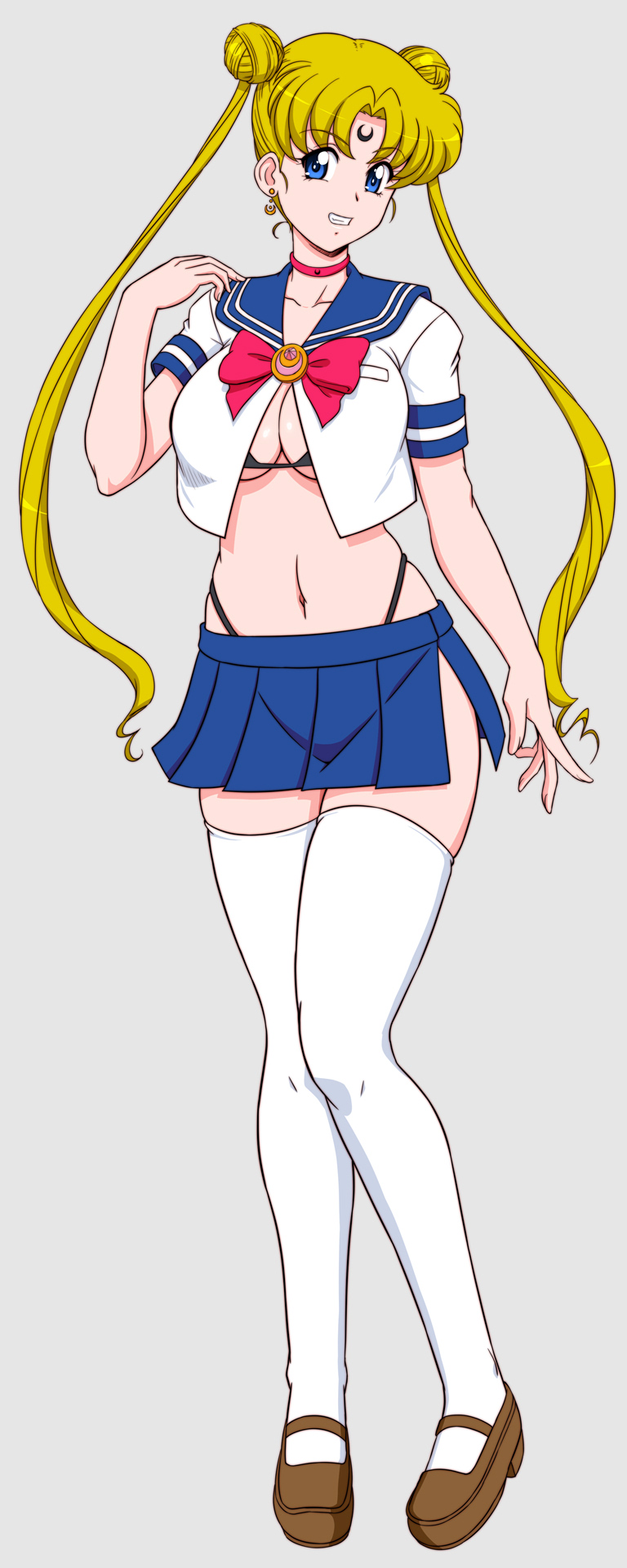 lento (glamour works), tsukino usagi, bishoujo senshi sailor moon, highres, adapted costume, bikini, bikini under clothes, black bikini, black moon clan, blonde hair, blue sailor collar, blue skirt, breasts, cleavage, collarbone, corruption, dark persona, double bun, evil grin, evil smile, grin, gyaru, hair bun, juuban middle school uniform, long hair, looking at viewer, mary janes, midriff, miniskirt, navel, open clothes, parted bangs, sailor collar, school uniform, serafuku, shoes, skirt, smile, swimsuit, thighhighs, thong bikini, transformation brooch (sailor moon), twintails, white thighhighs