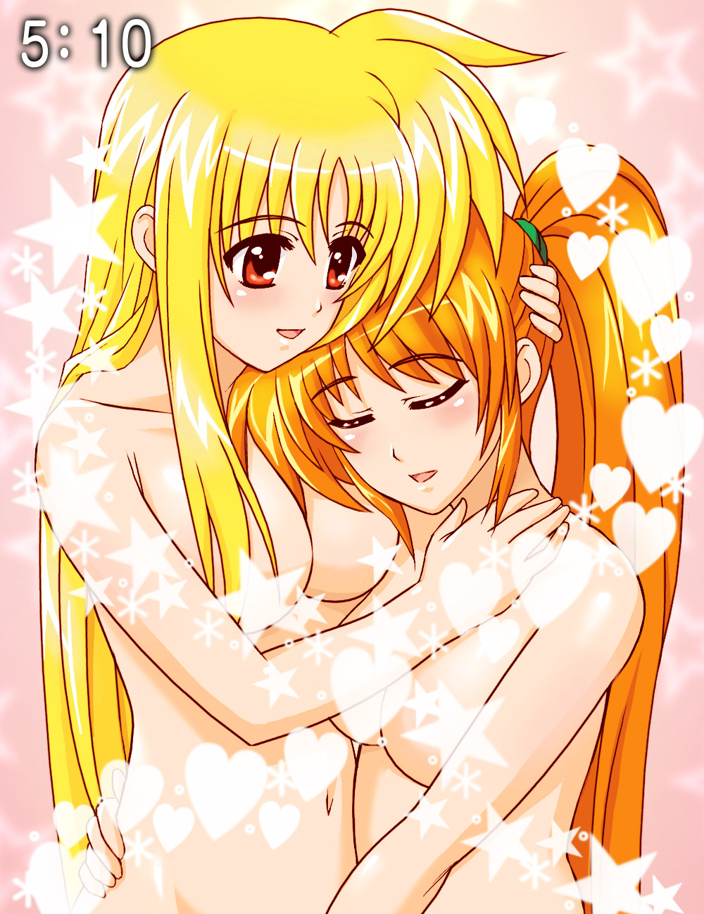 shirogane kihen, fate testarossa, takamachi nanoha, lyrical nanoha, mahou shoujo lyrical nanoha, mahou shoujo lyrical nanoha strikers, highres, 00s, 2girls, blonde hair, censored, closed eyes, convenient censoring, hair ornament, heart, hug, long hair, multiple girls, nude, orange hair, ponytail, very long hair, yuri