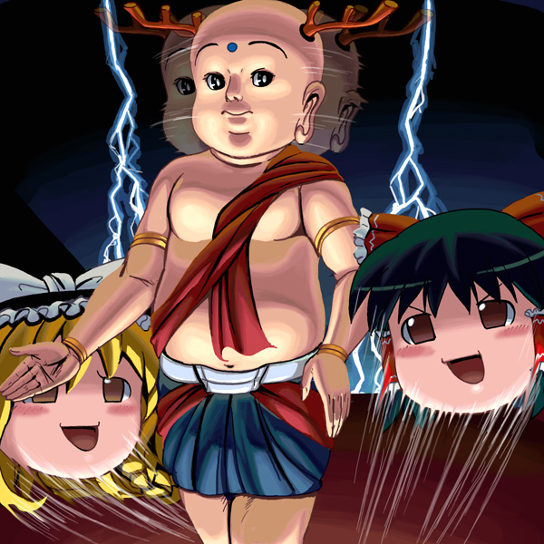 kouno (masao), hakurei reimu, kirisame marisa, sento-kun, touhou, 1boy, 2girls, bald, blush, looking at viewer, multiple girls, nara mascot, open mouth, what, yukkuri shiteitte ne