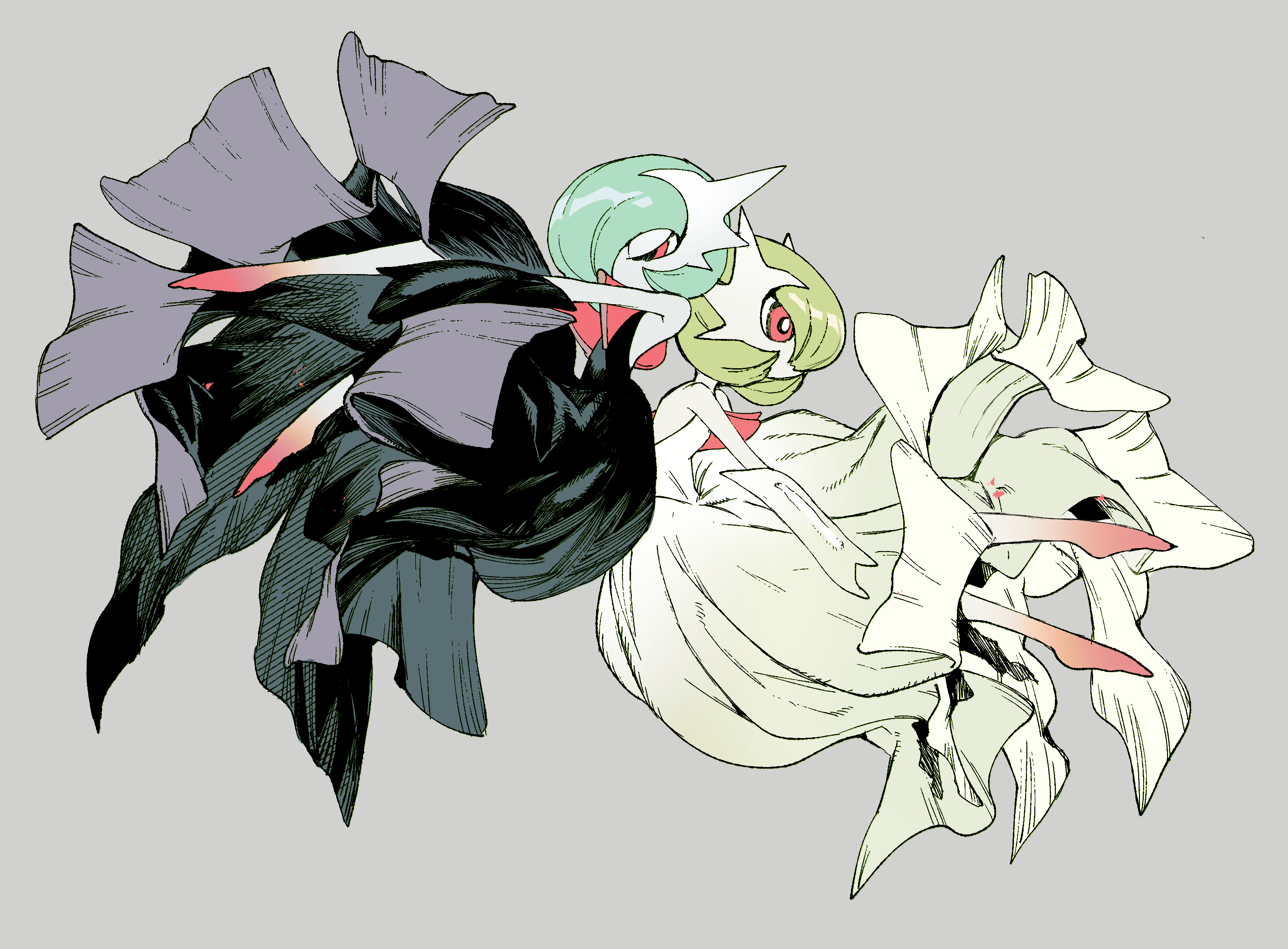 newo (shinra-p), gardevoir, mega gardevoir, nintendo, pokemon, highres, 2others, alternate color, aqua hair, back-to-back, backless dress, backless outfit, black dress, black gloves, bright pupils, colored extremities, colored skin, dress, elbow gloves, full body, gen 3 pokemon, gloves, green hair, grey background, hair between eyes, mega pokemon, multiple others, pokemon (creature), red eyes, shiny pokemon, short hair, white dress, white gloves, white pupils, white skin