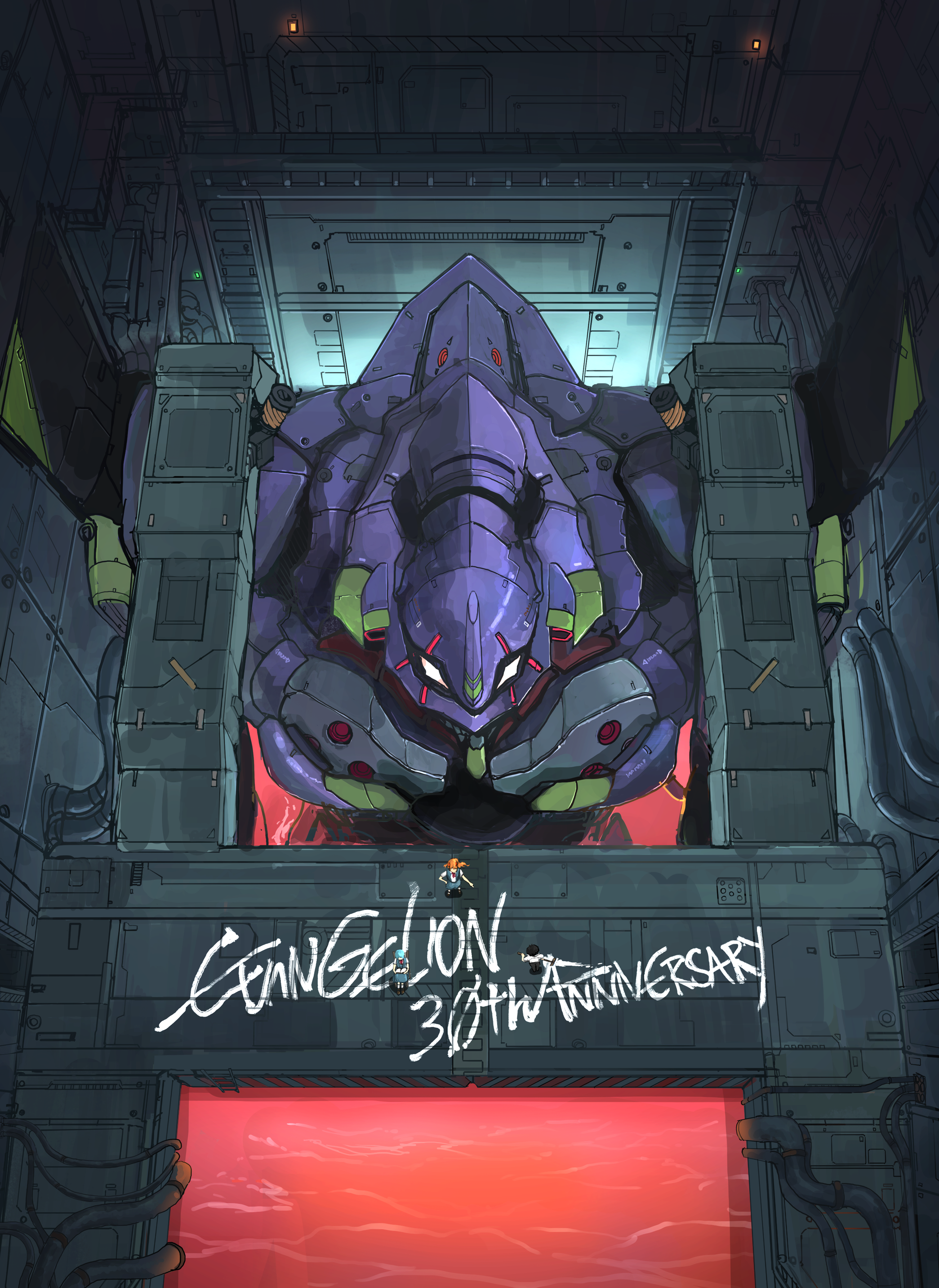 tripdancer, ayanami rei, eva 01, ikari shinji, souryuu asuka langley, neon genesis evangelion, absurdres, highres, 1boy, 2girls, anniversary, black hair, blue hair, copyright name, evangelion (mecha), indoors, mecha, multiple girls, orange hair, robot, school uniform, skirt, suspender skirt, suspenders, tokyo-3 middle school uniform